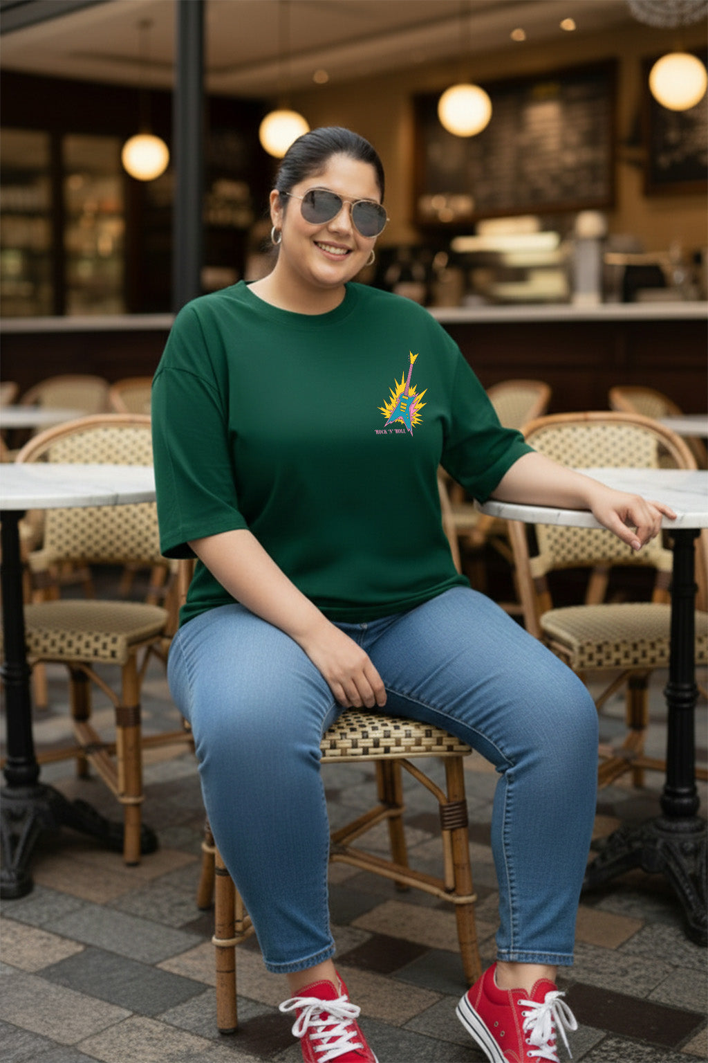 Rock And Roll Green Printed Plus Size T-shirt