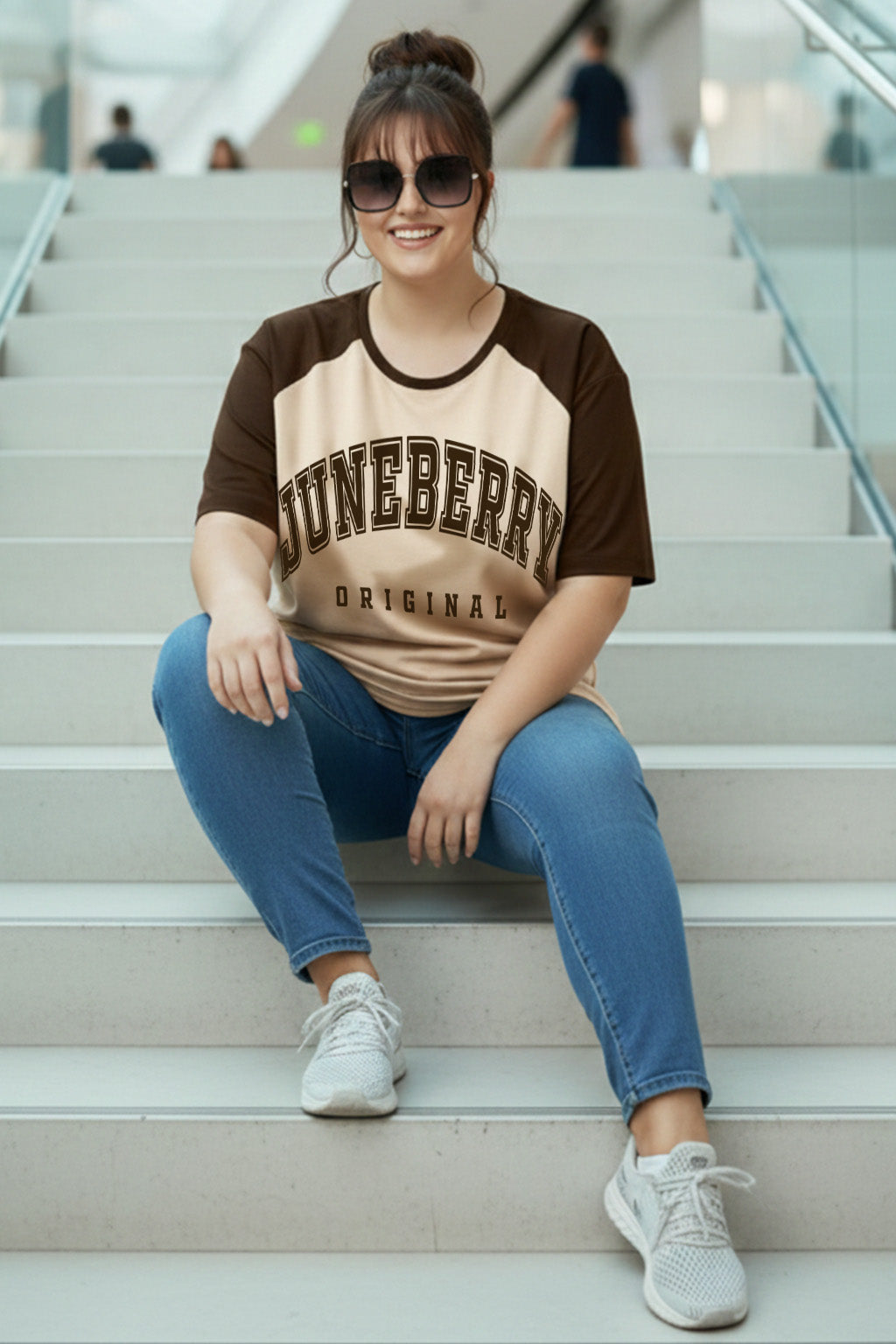 Juneberry Original Beige Raglan Sleeve Plus Size Printed T-shirt