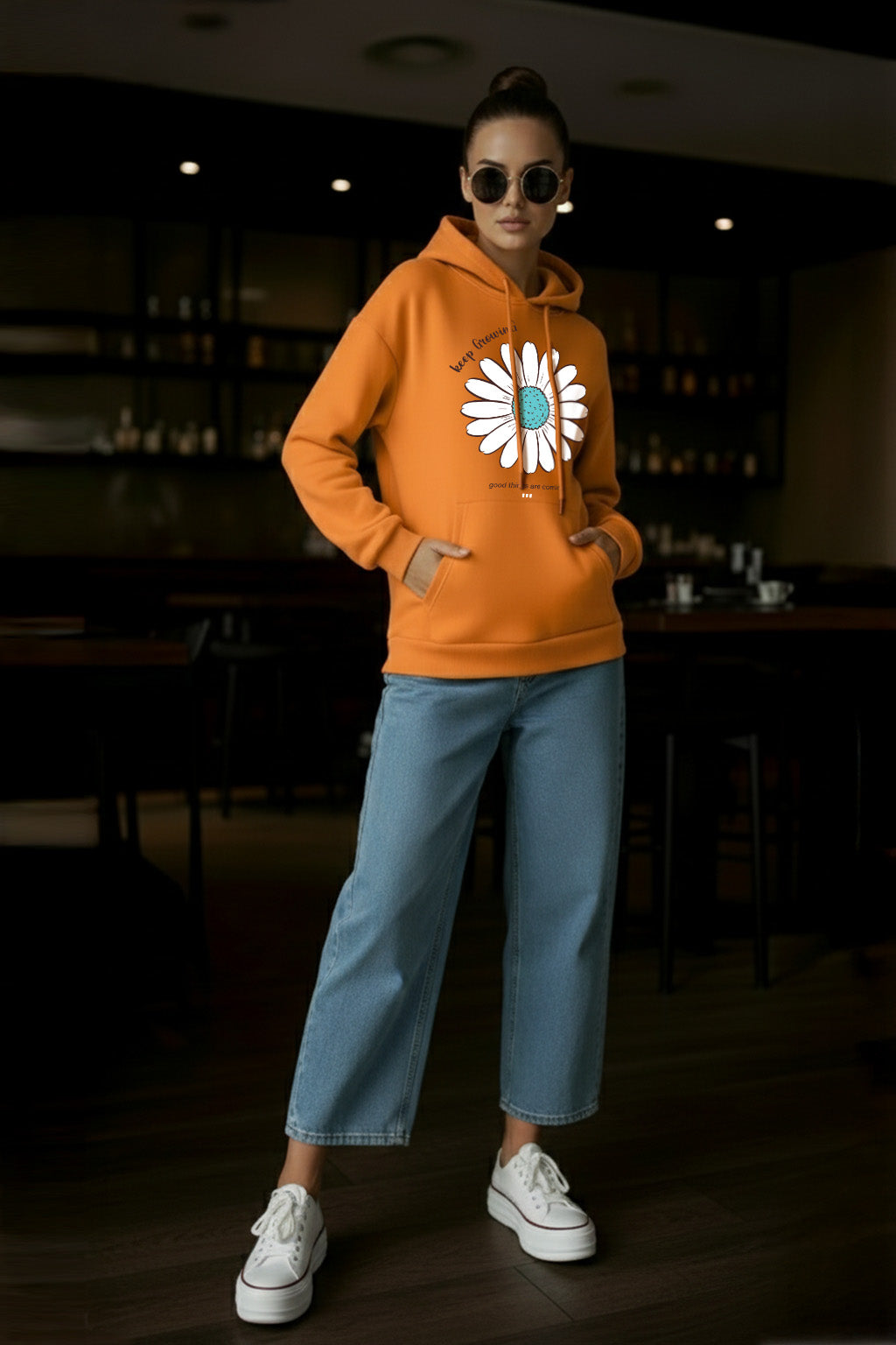 Keep Growing Graphic Printed Orange Oversized Hoodie