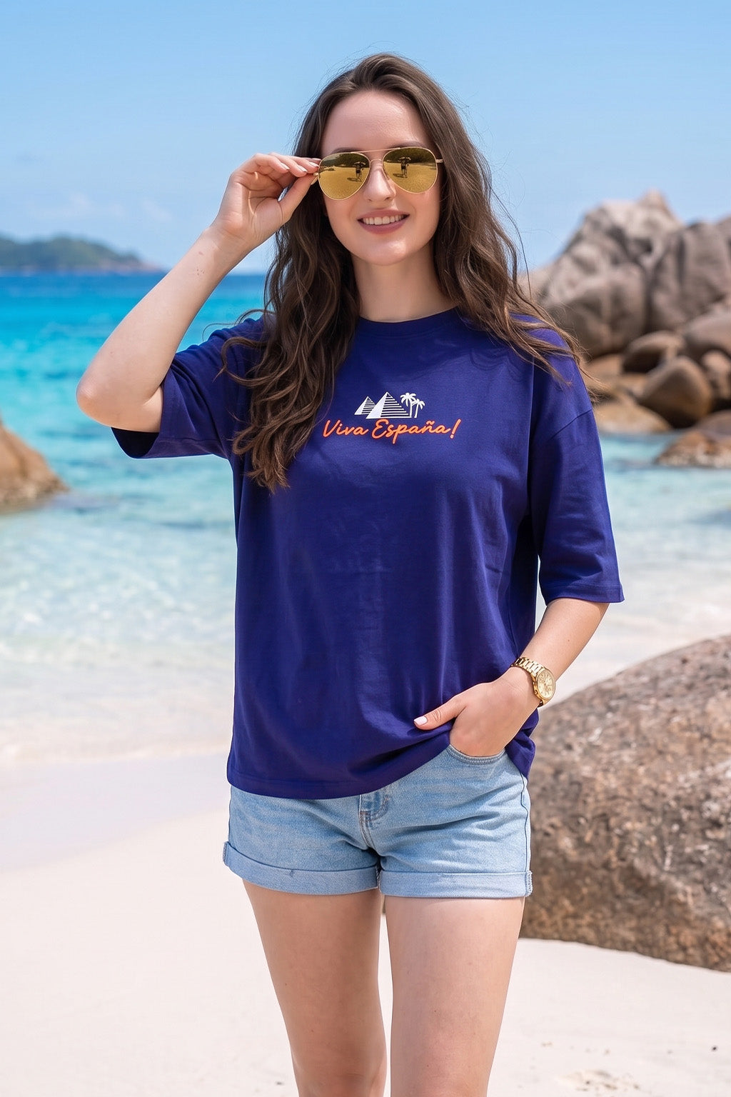 Viva Royal Blue Oversized Fit Printed T-Shirt