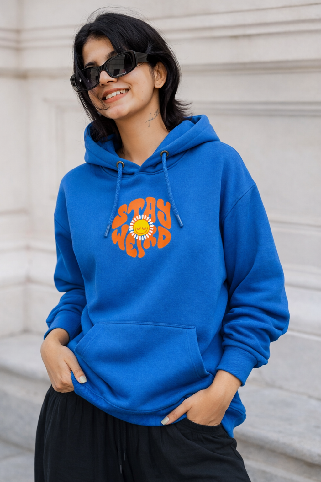 Stay Weird Blue Printed Oversized Hoodie