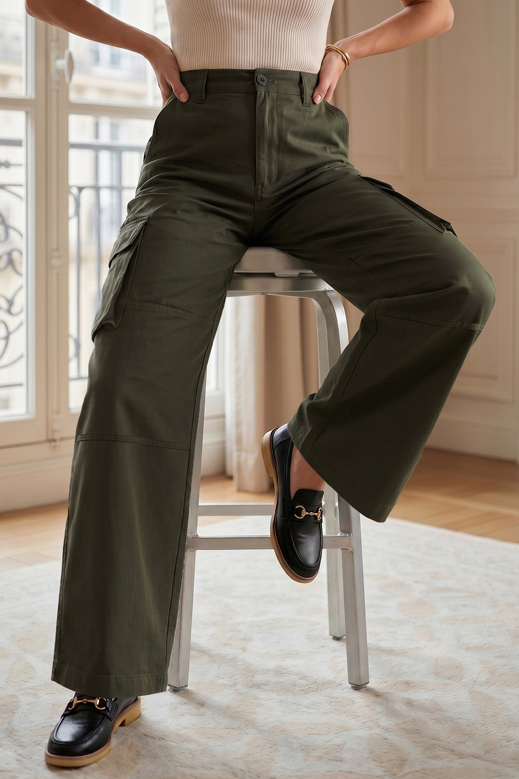 Olive Green Plain 5 Pocket Straight Fit Woven Cargo
