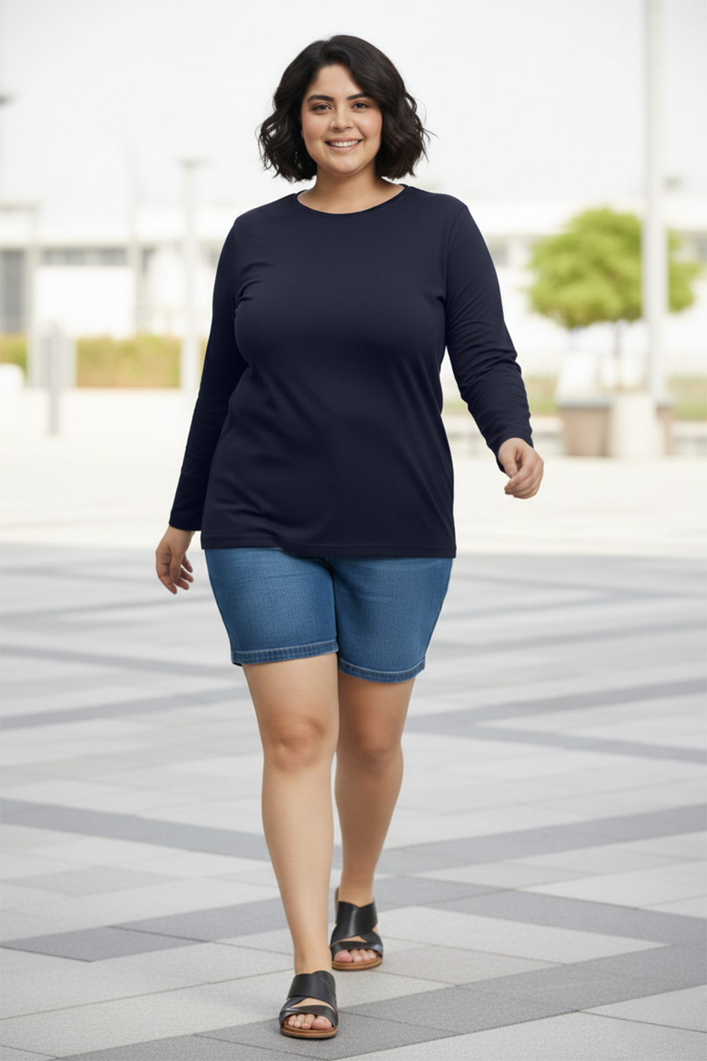 Navy Plain Full Sleeve Plus Size T-shirt