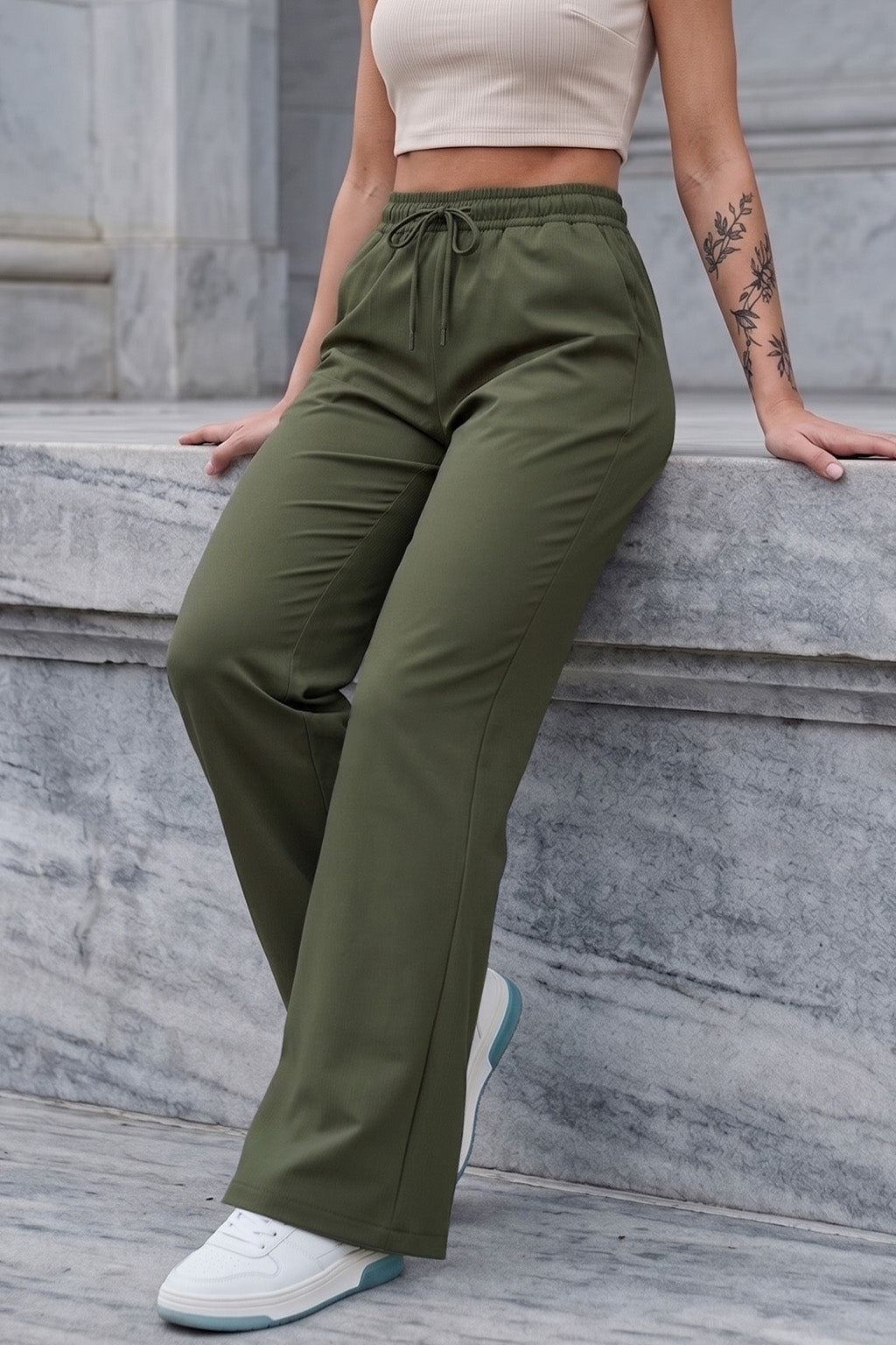 Olive Plain Wide Leg Track pant