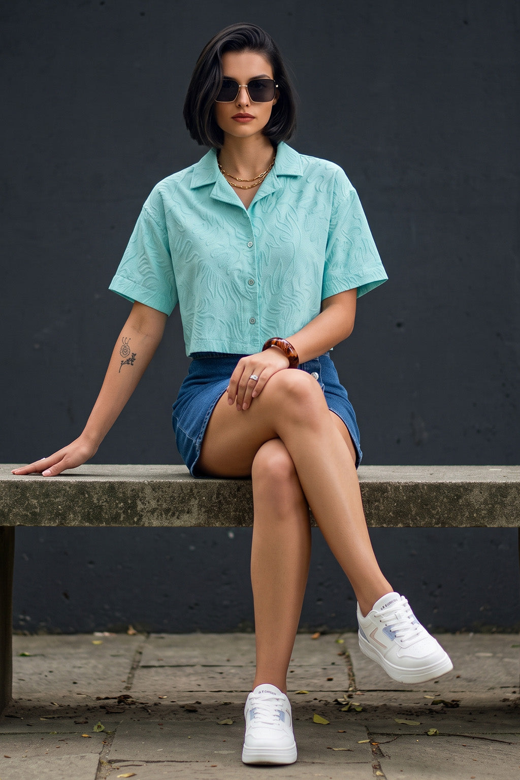 AOP Turquoise Oversized Crop Shirt