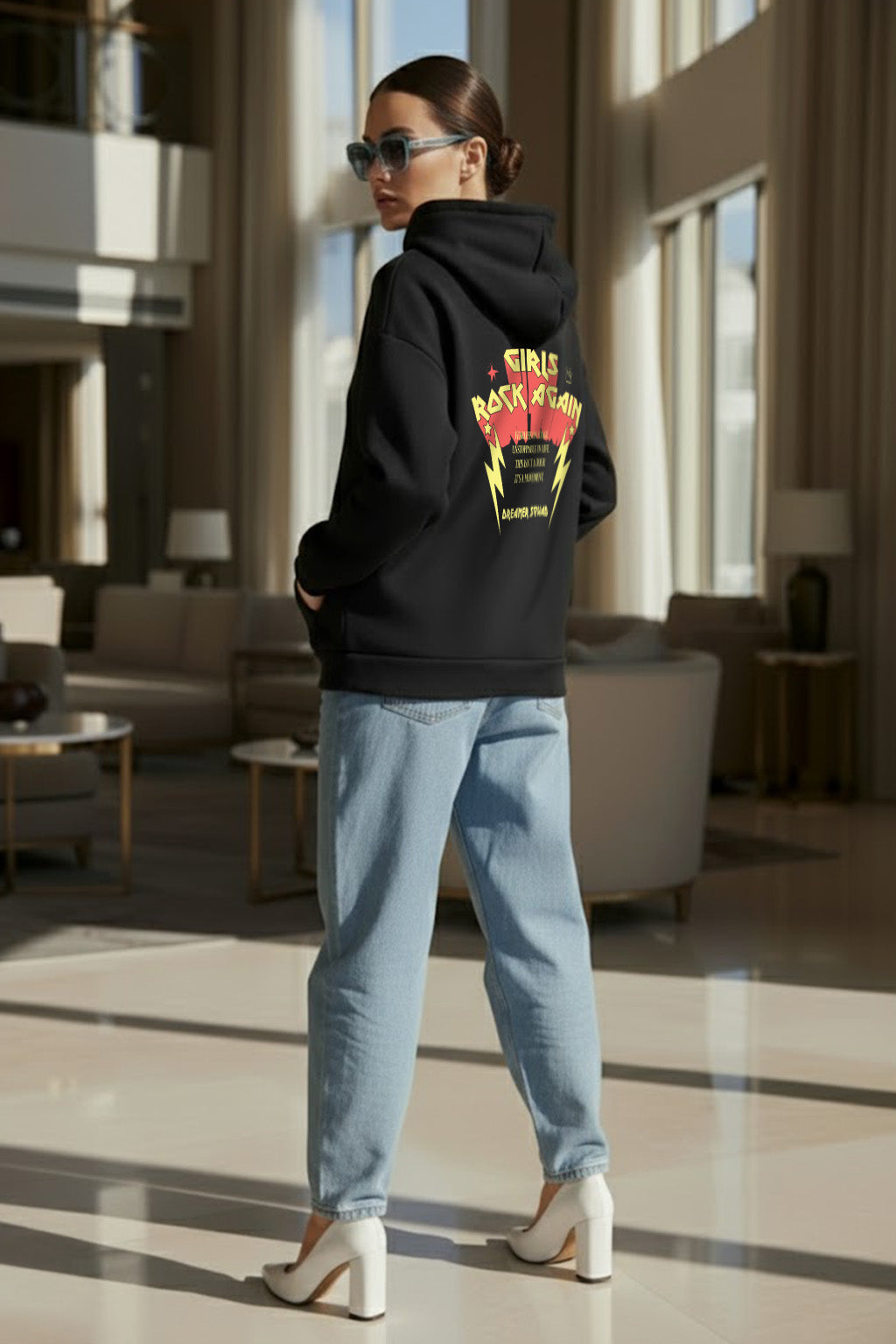 Girls Rock Black Maroon Oversized Printed Hoodie