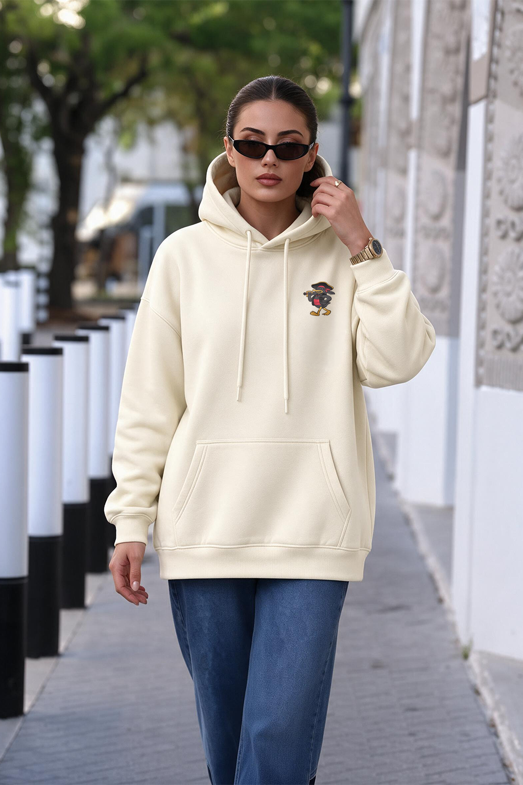 Duck Graphic Printed Off White Oversized Hoodie