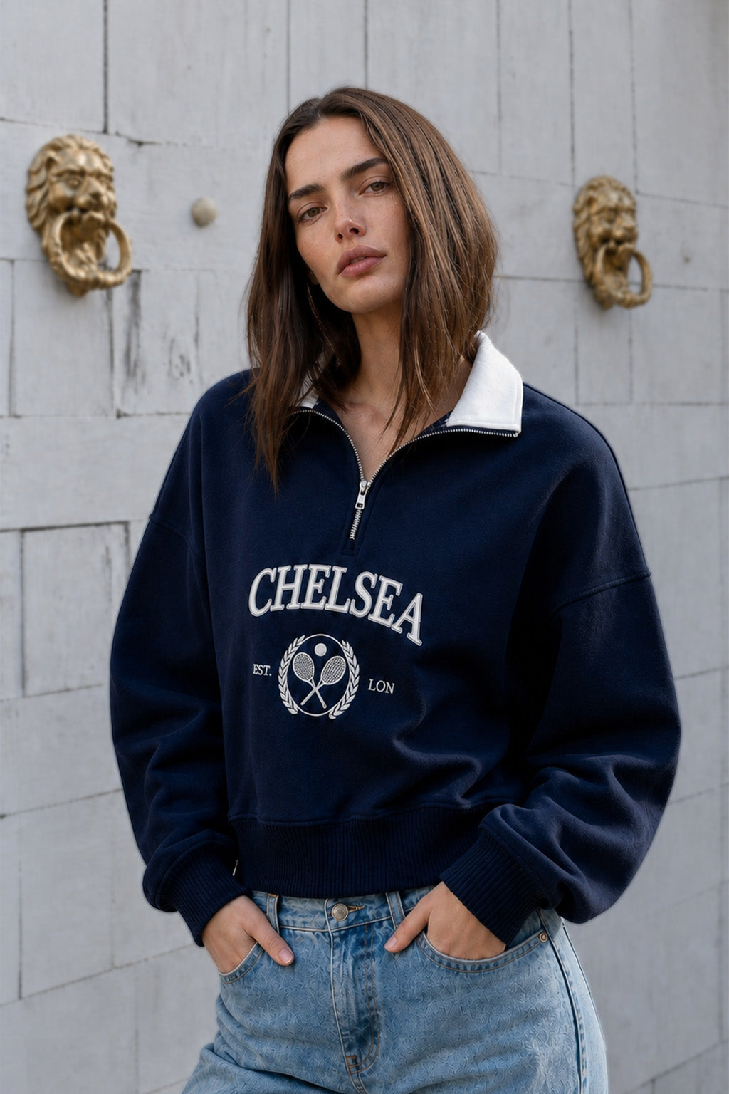 Premium Navy Contras Collar  Sweatshirt