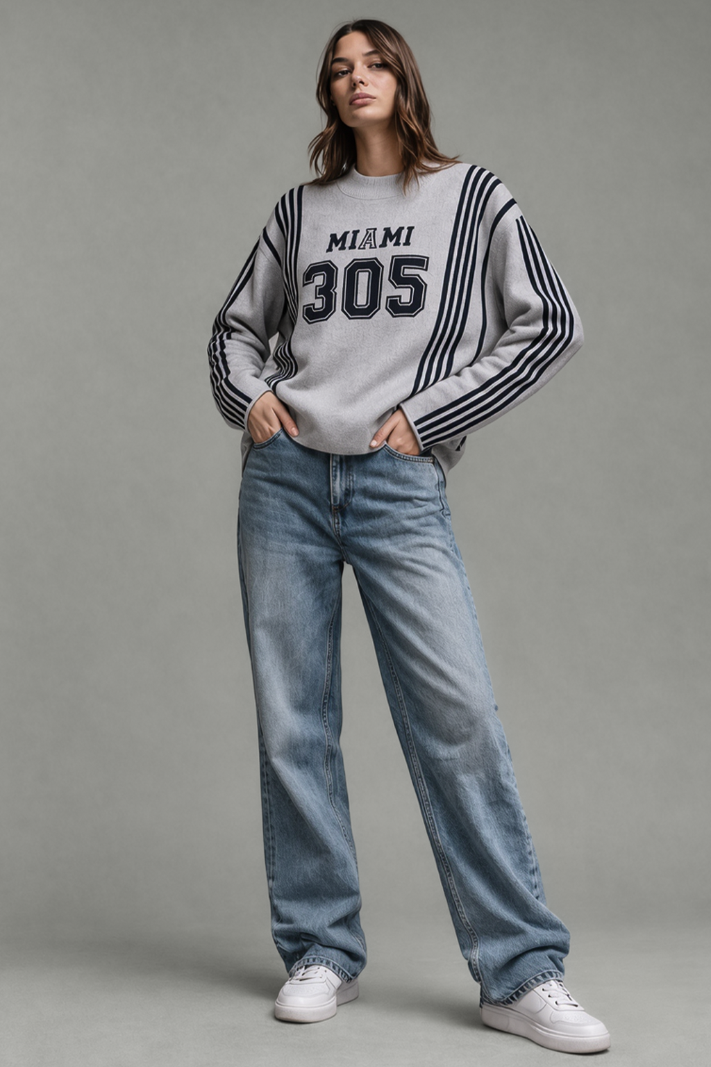 Miami Grey Flatknit Striped Sweatshirt