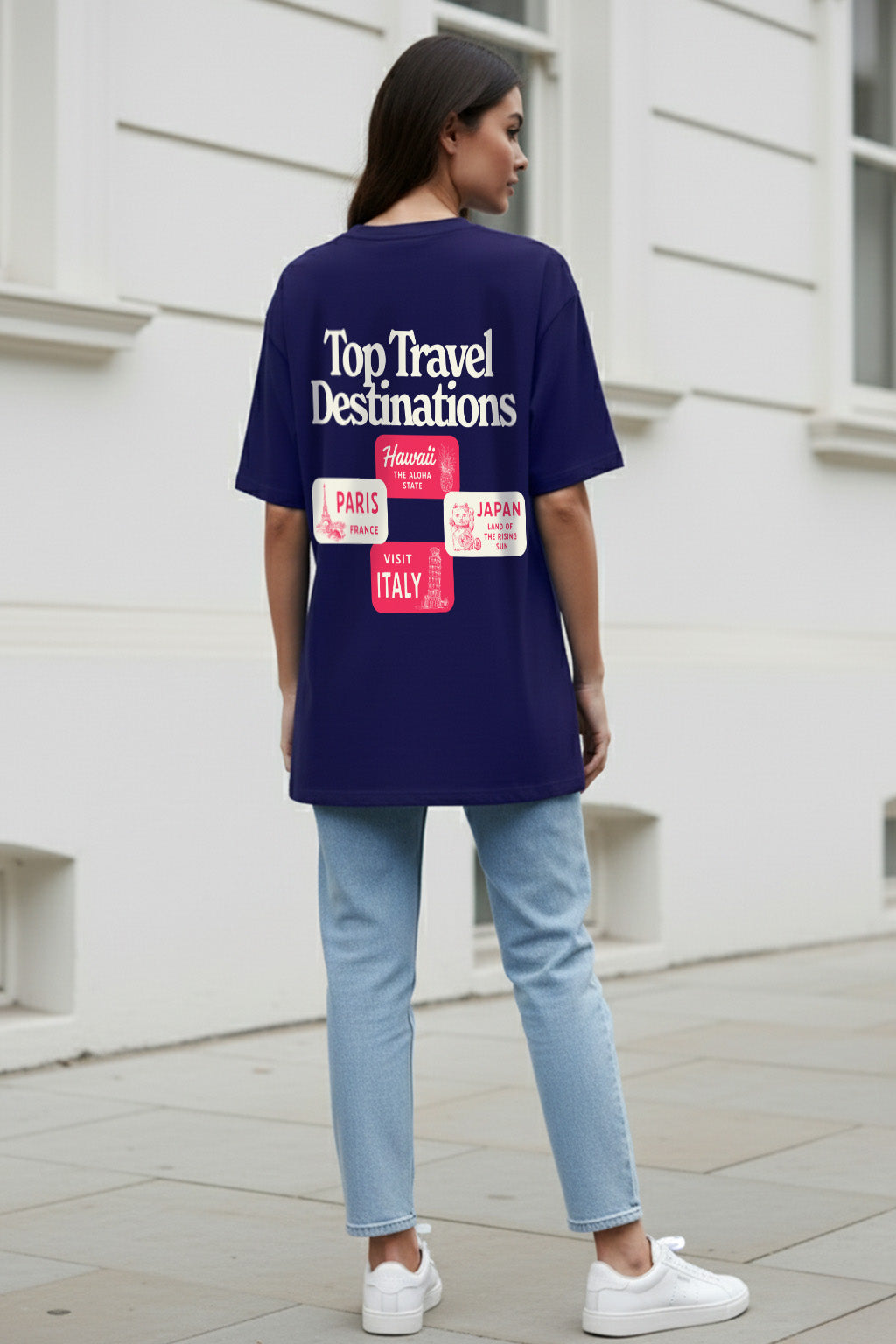 Travel Destinations Royal Blue Oversized Fit Printed T-Shirt