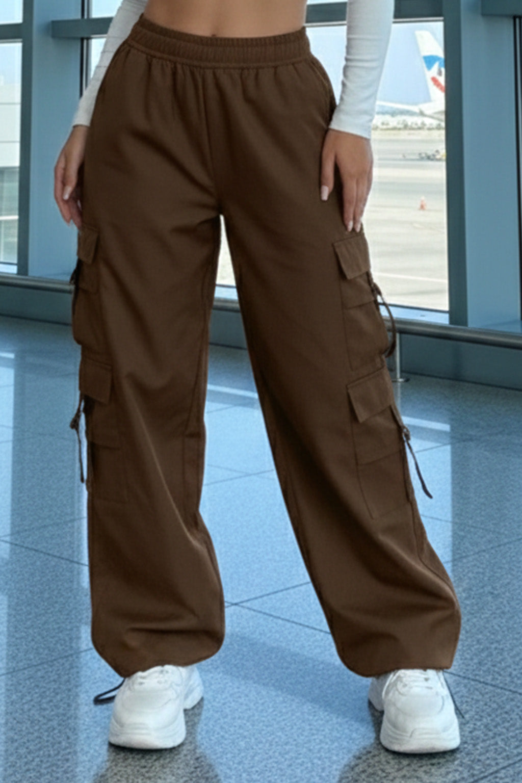 Brwon 6-Pocket Drawcord Straight Fit Parachute Pant