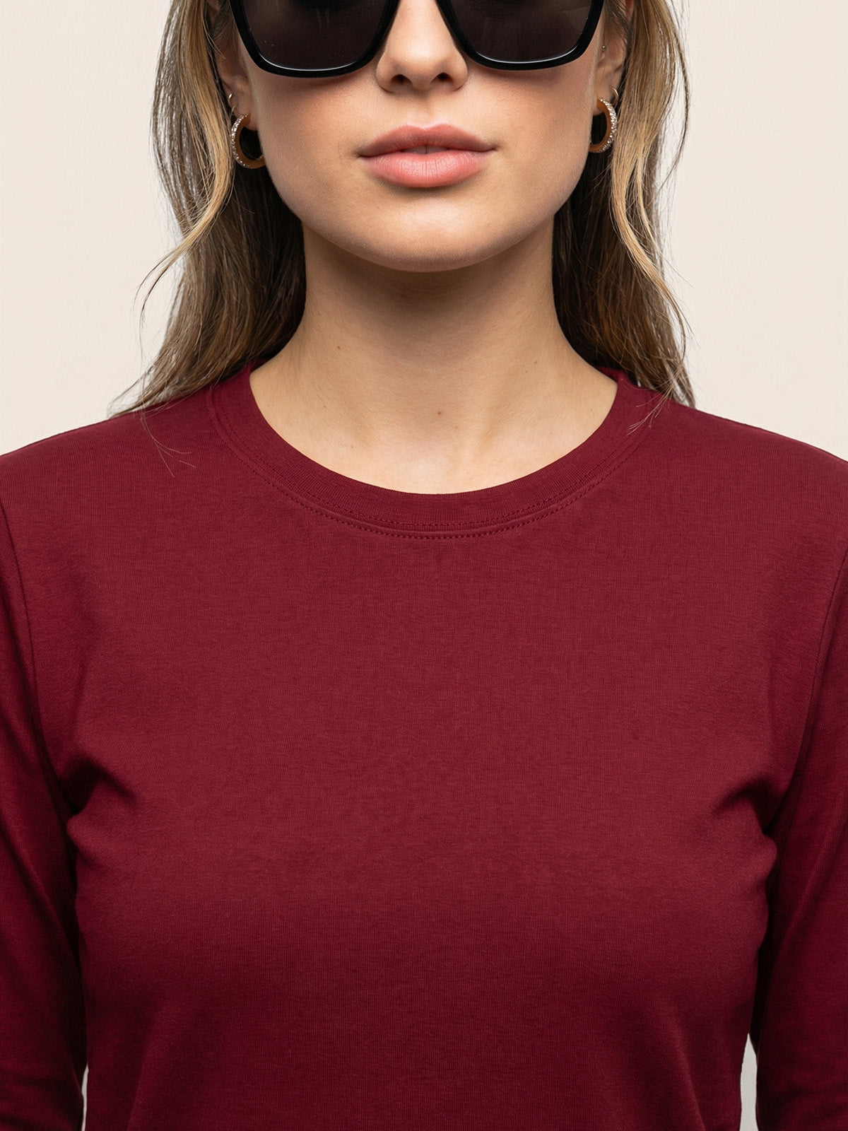 Maroon Plain Full Sleeve Regular Fit T-Shirt