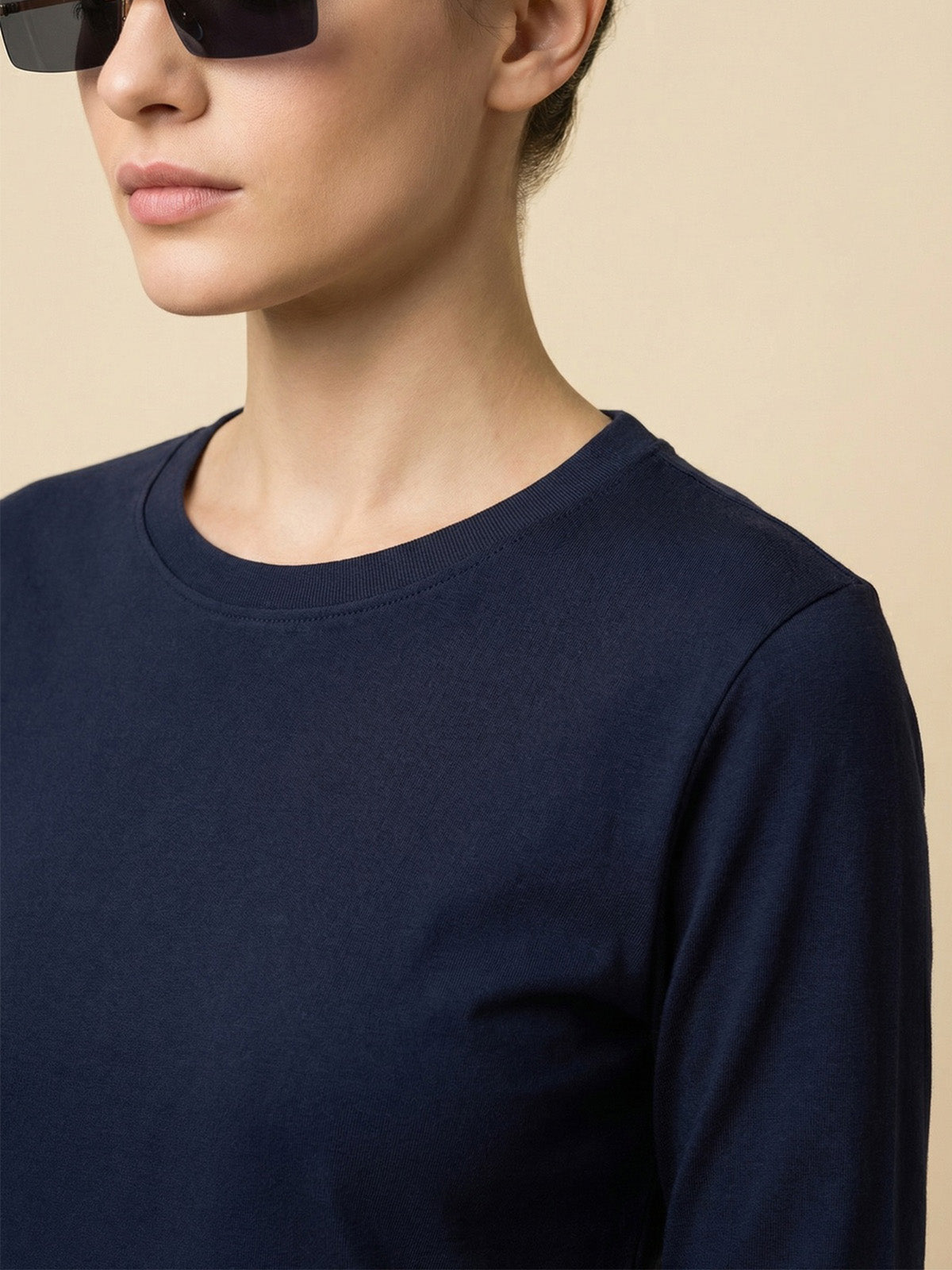 Navy Plain Full Sleeve Regular Fit T-Shirt