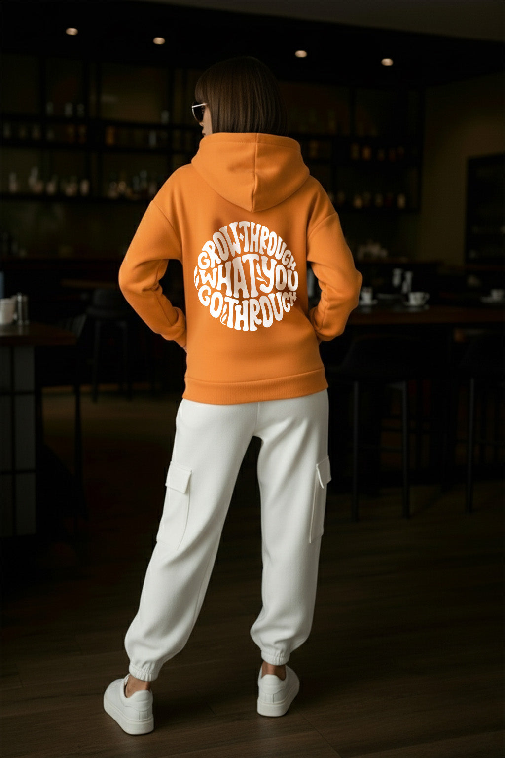 Go Through Graphic Back Printed Orange Regular Fit Hoodie