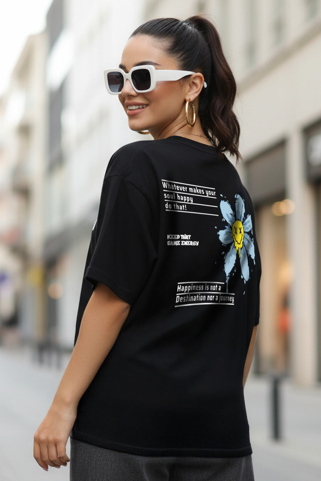 Energy Graphic Printed Black Oversized T-Shirt
