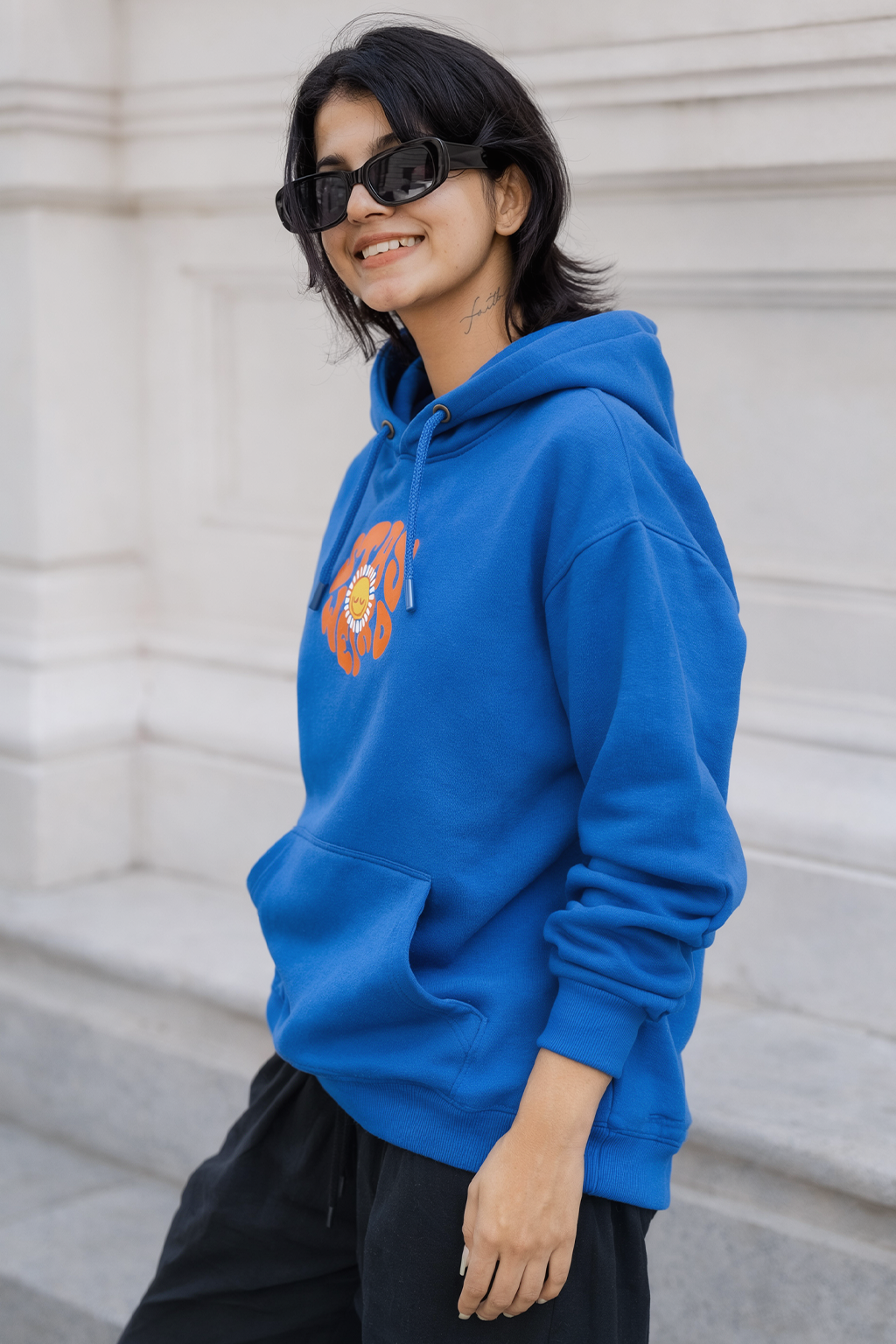 Stay Weird Blue Printed Oversized Hoodie