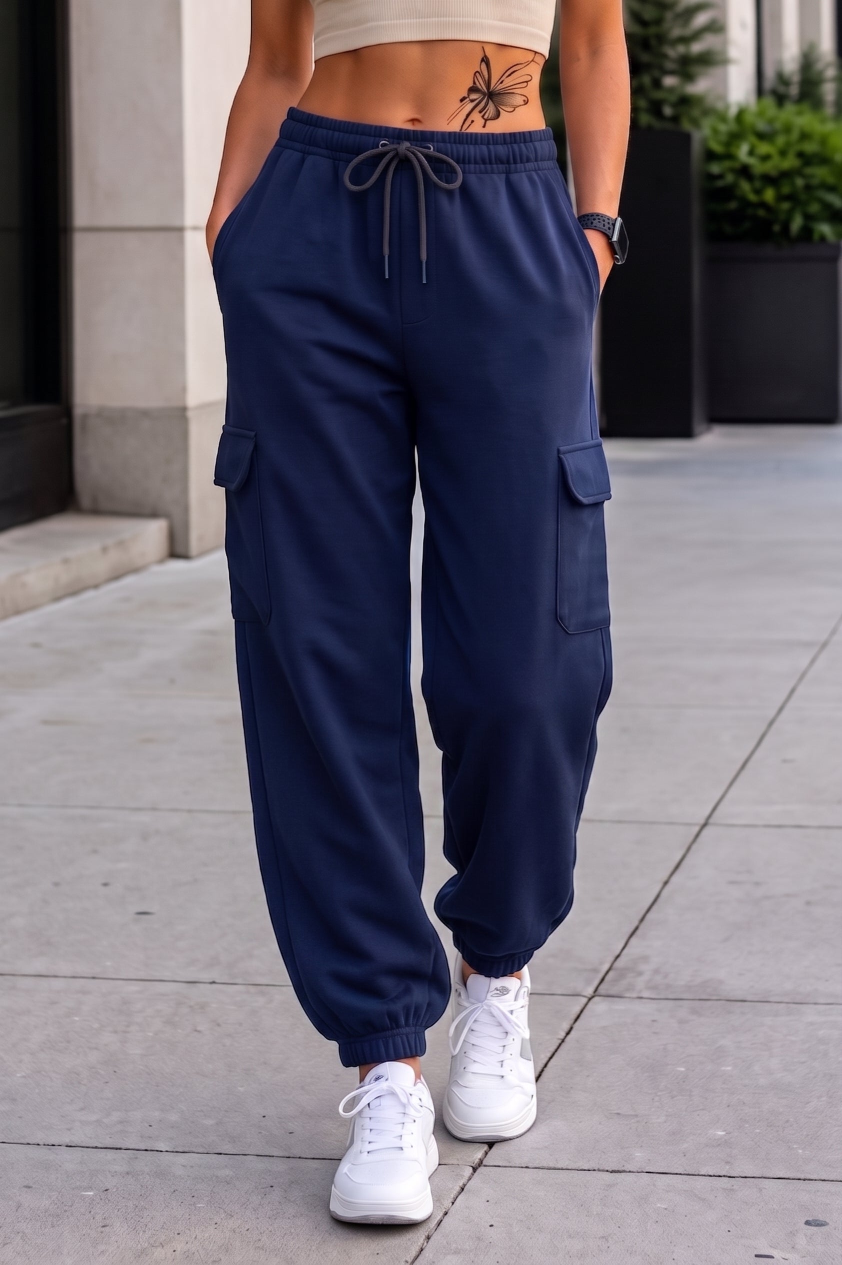 Navy Blue Plain Baggy Fit Cargo Jogger