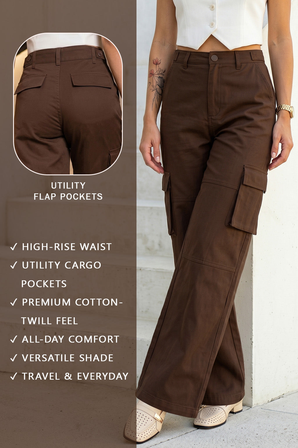 Brown Plain 5 Pocket Straight Fit Woven Cargo
