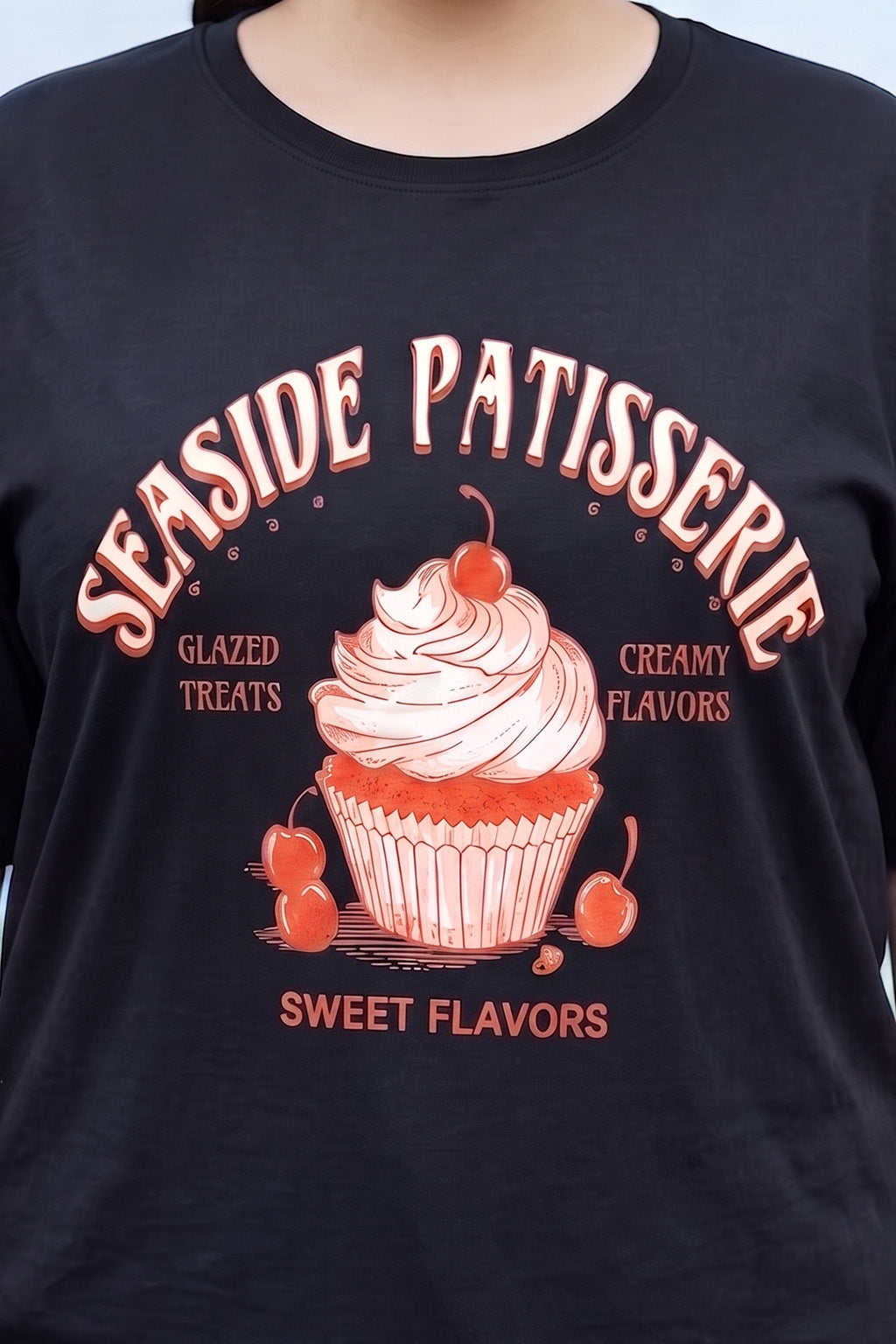 Seaside Travel Black Plus Size Printed T-shirt