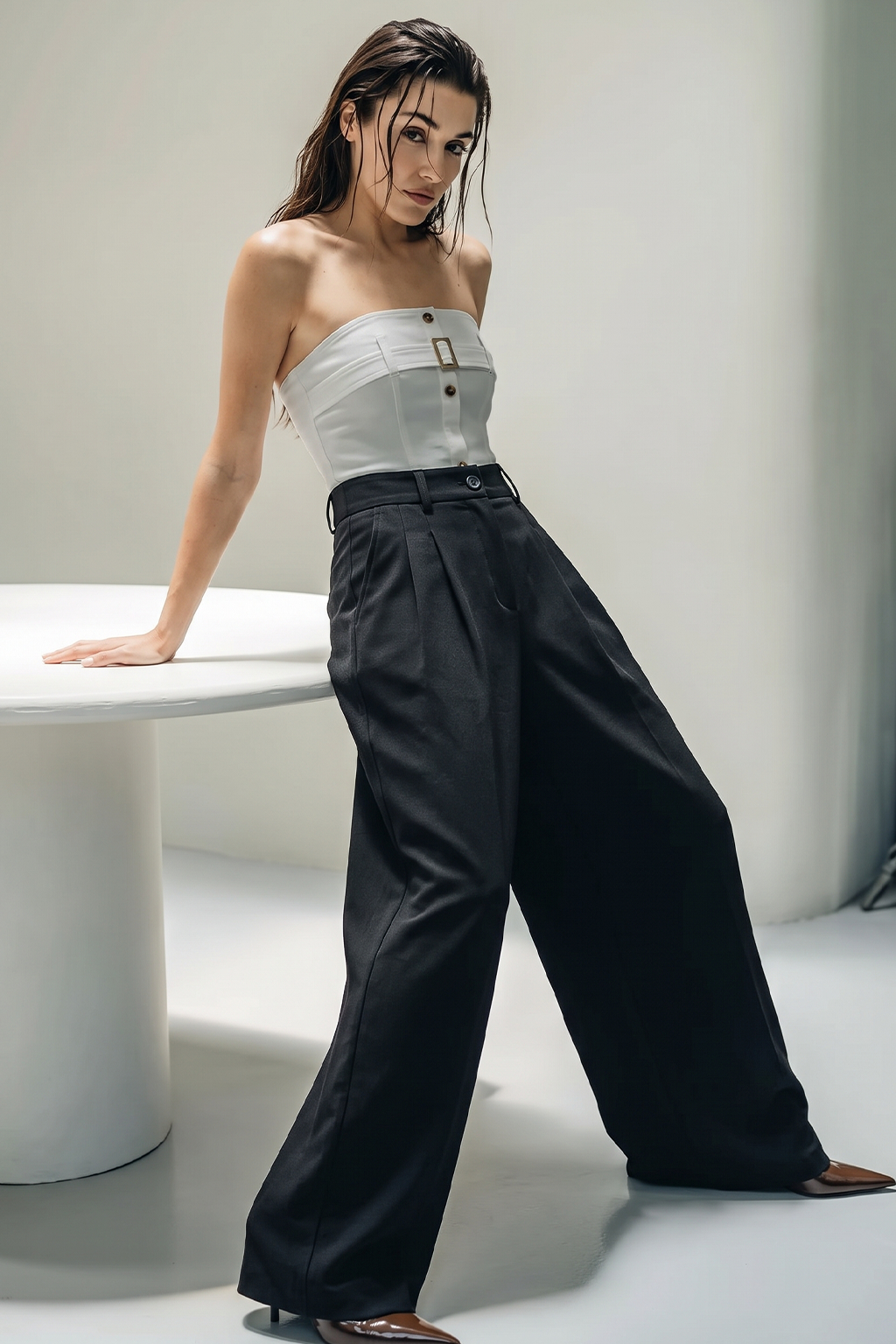 Black High Rise Pleated Wide-Leg  Korean Pants