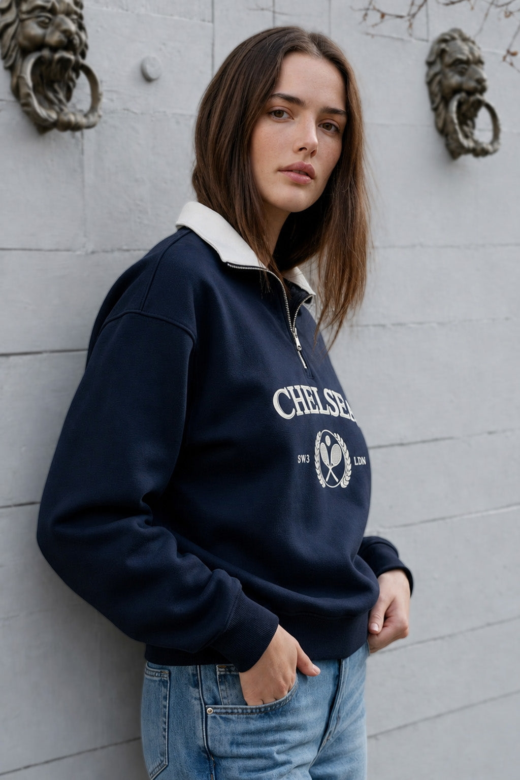 Premium Navy Contras Collar  Sweatshirt