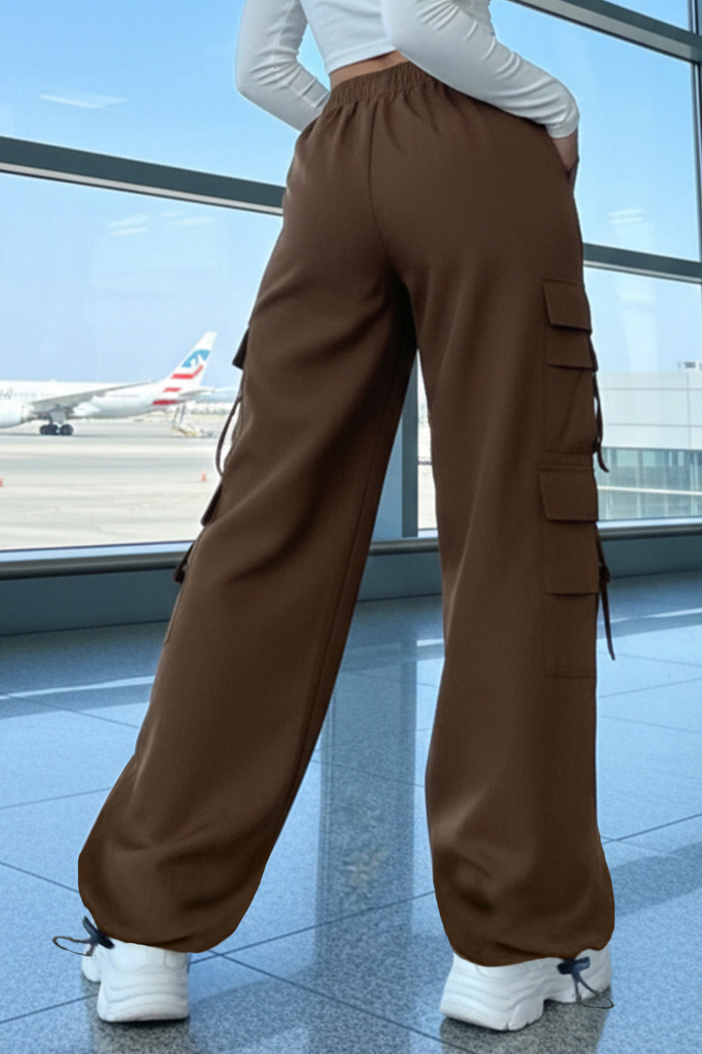 Brwon 6-Pocket Drawcord Straight Fit Parachute Pant