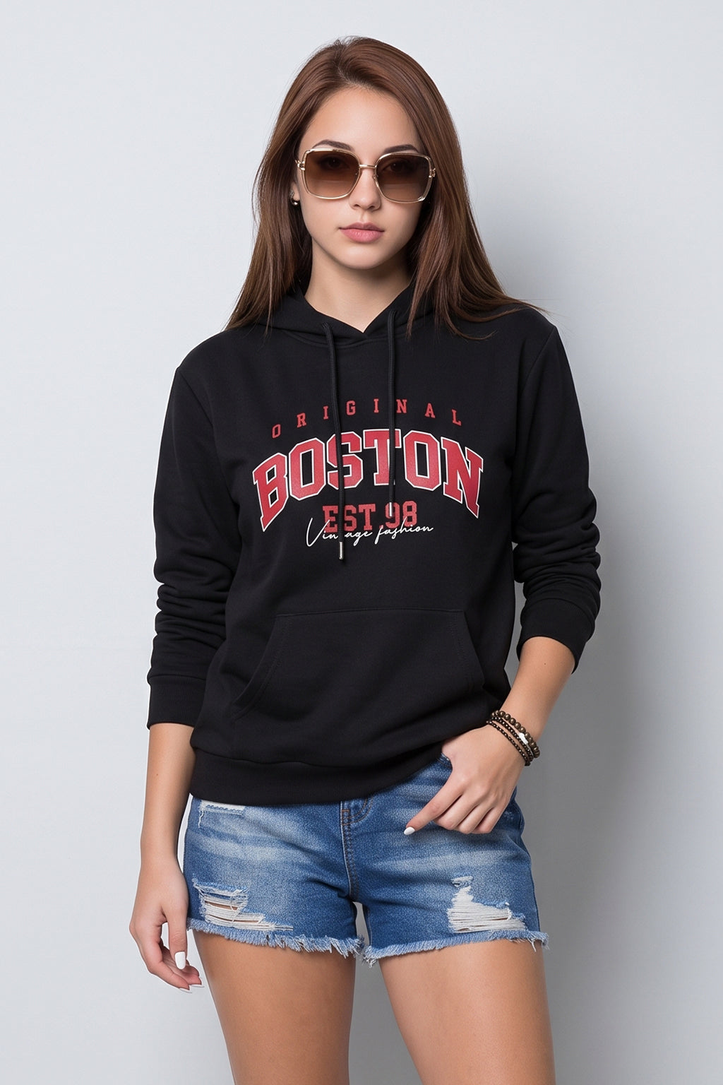 Boston Black Regular Fit Front Printed Hoodie