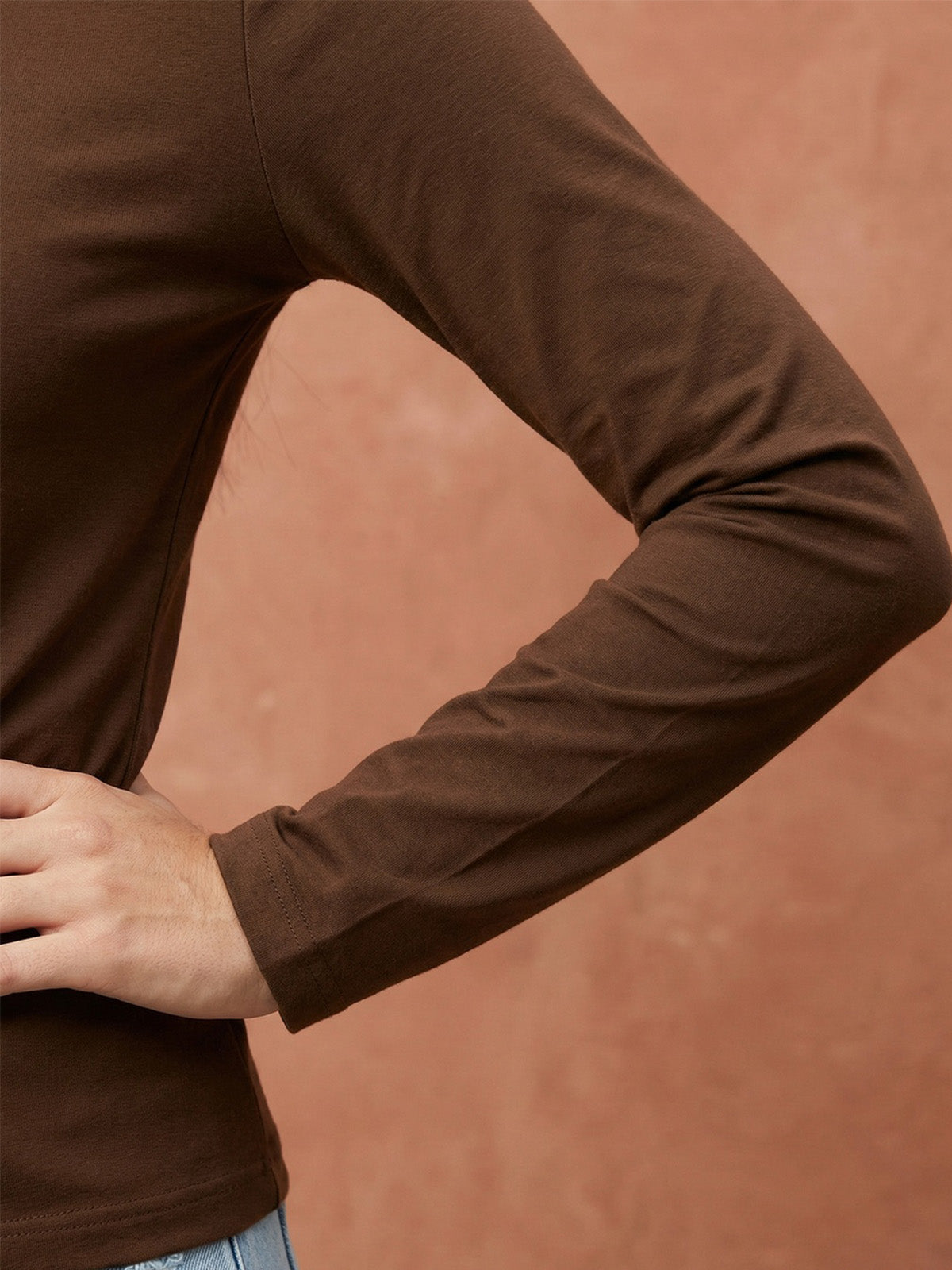 Brown Plain Full Sleeve Regular Fit T-Shirt