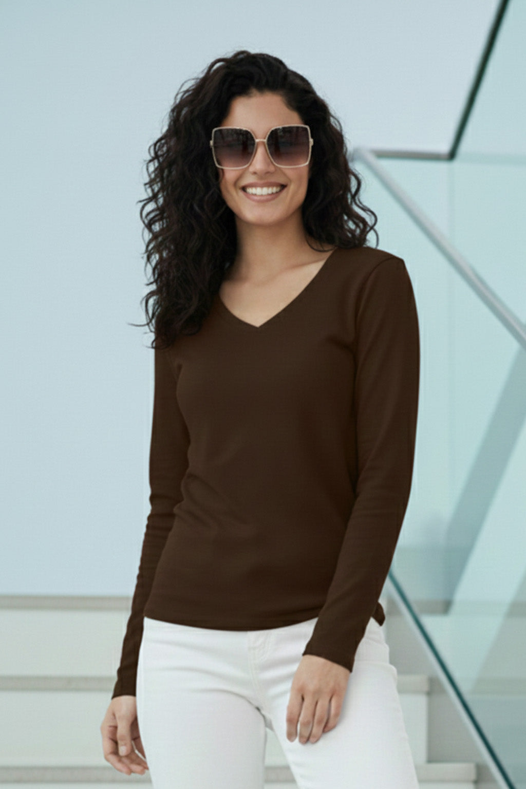 Brown V-Neck Plain Full Sleeve Regular Fit T-Shirt