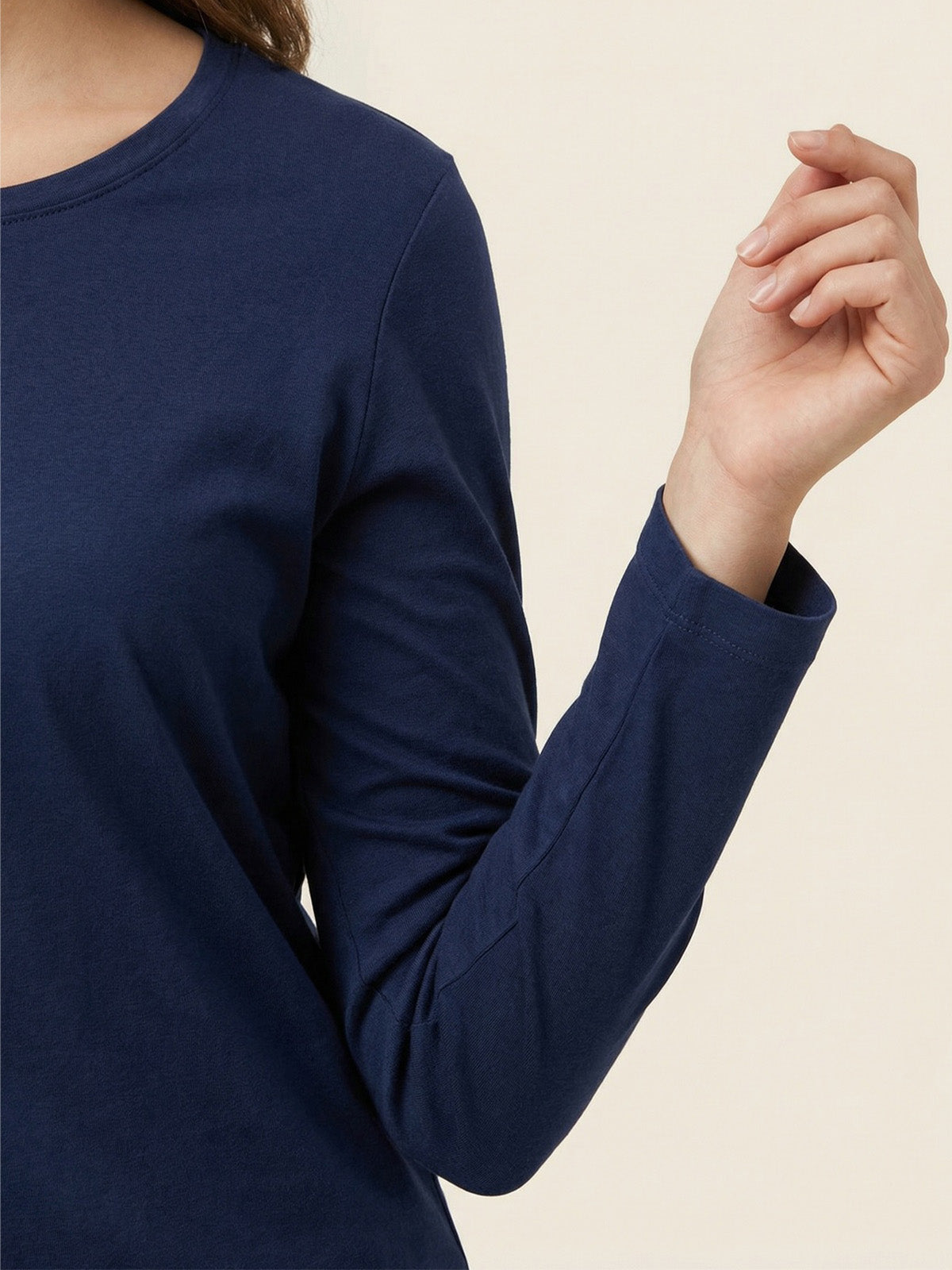 Navy Plain Full Sleeve Regular Fit T-Shirt