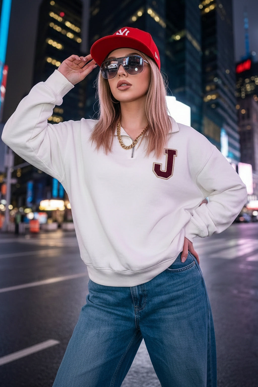 Juneberry White Oversized Printed Sweatshirt