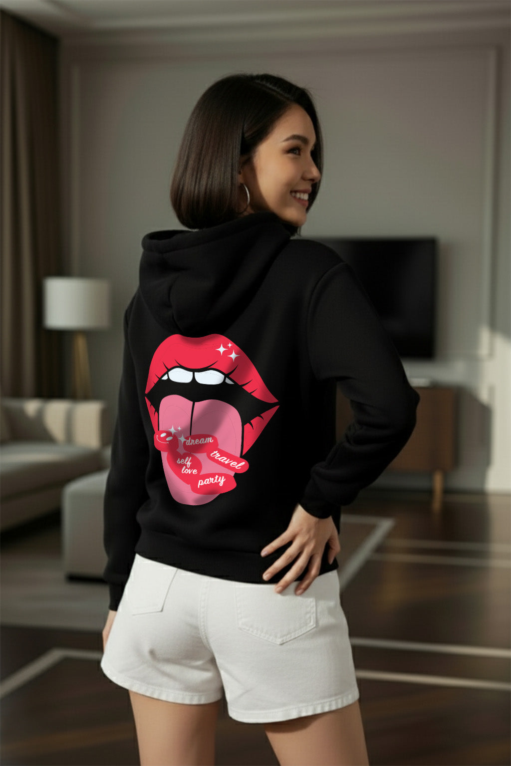 Mouth Black Regular Fit Back Printed Hoodie