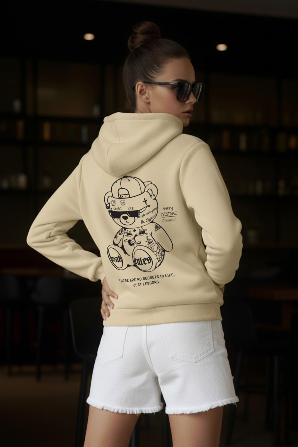 Break Rules Teddy Graphic Printed Beige Regular Fit Hoodie