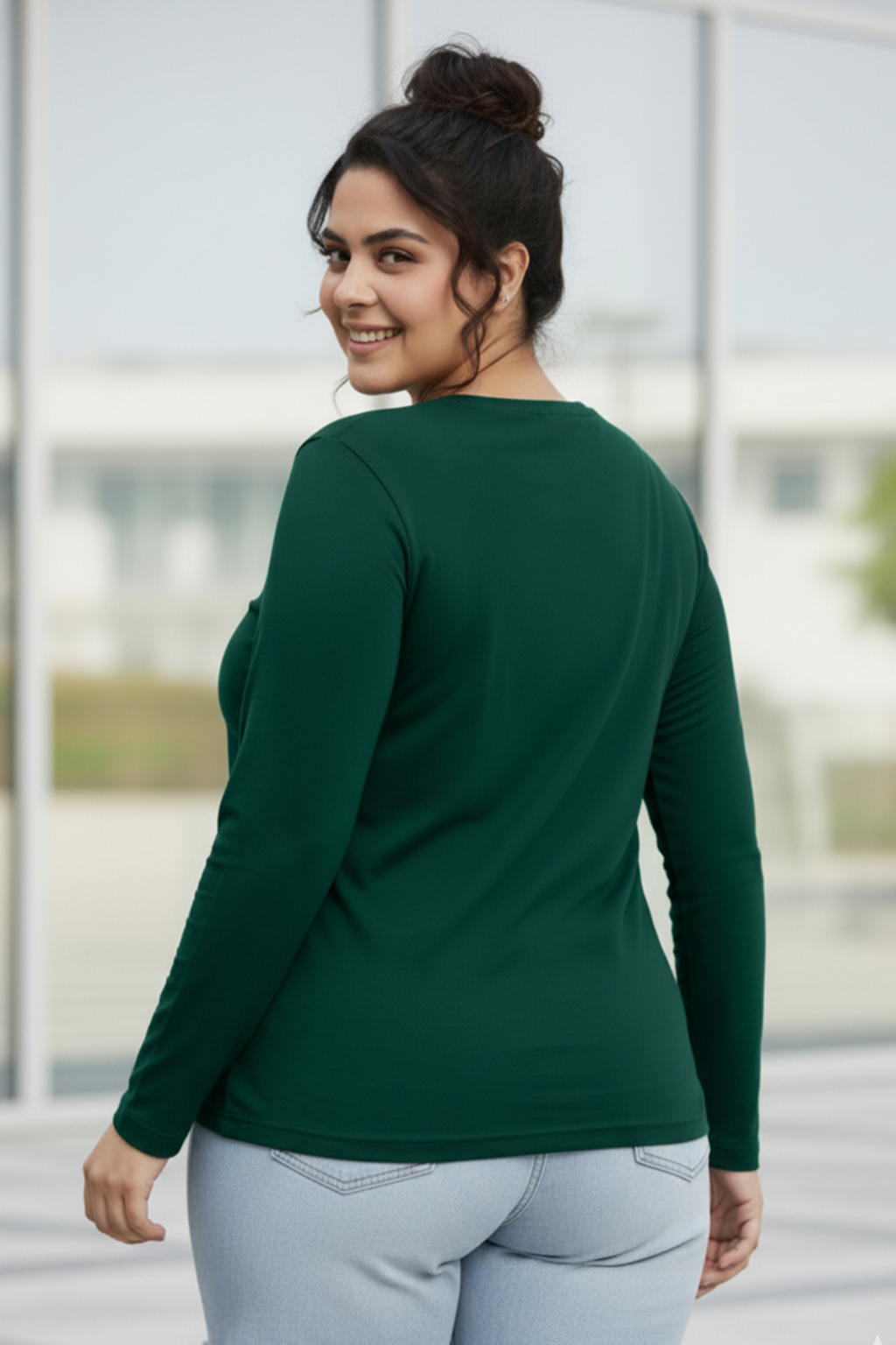 Green Plain Full Sleeve Plus Size T-shirt