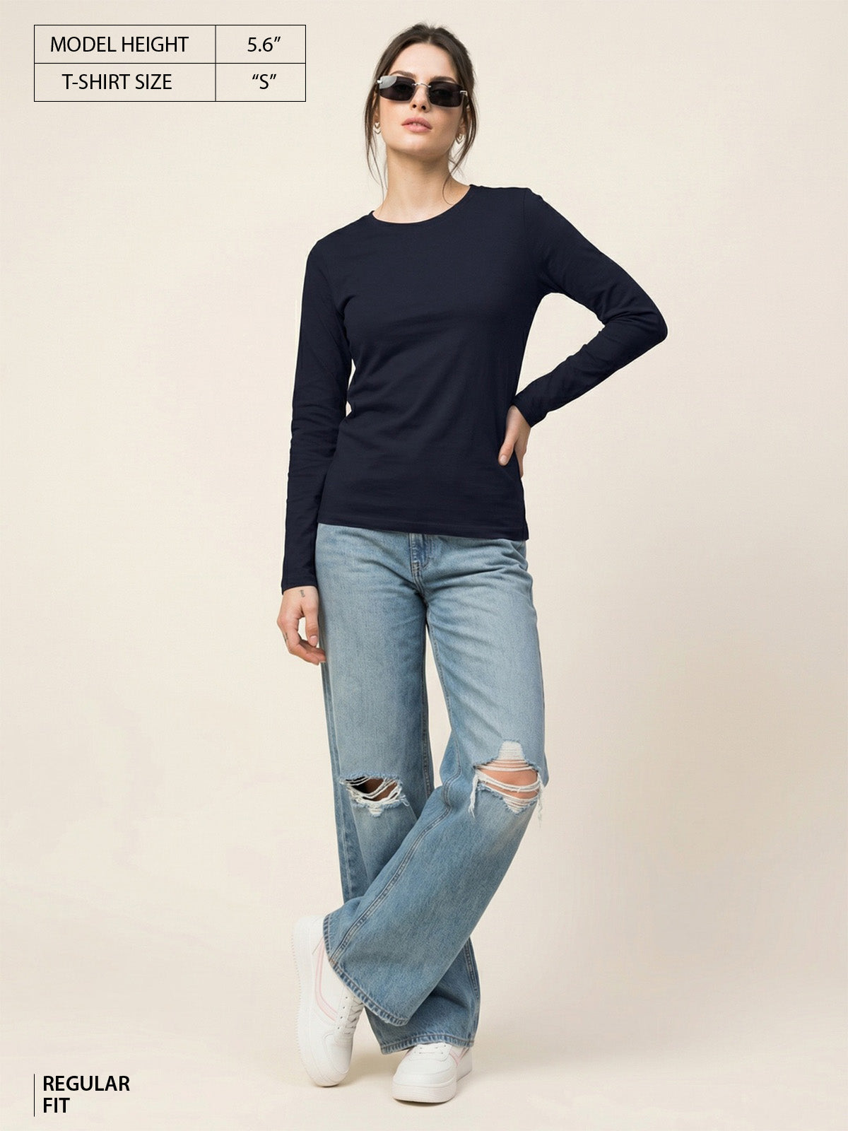 Navy Plain Full Sleeve Regular Fit T-Shirt