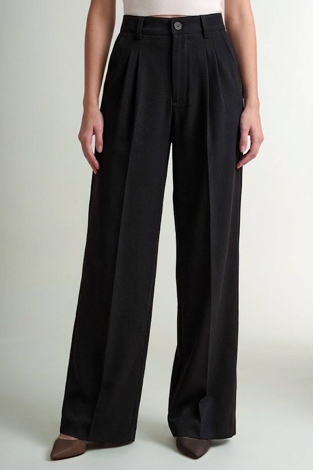 Black High Rise Pleated Wide-Leg  Korean Pants