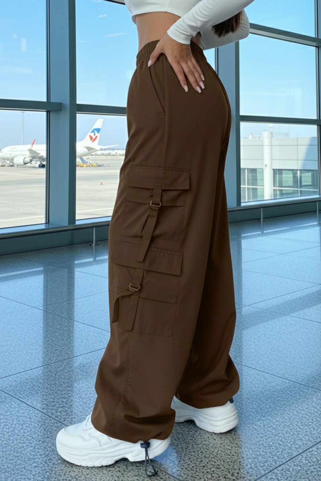 Brwon 6-Pocket Drawcord Straight Fit Parachute Pant