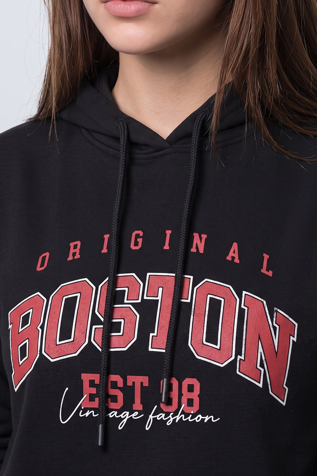 Boston Black Regular Fit Front Printed Hoodie