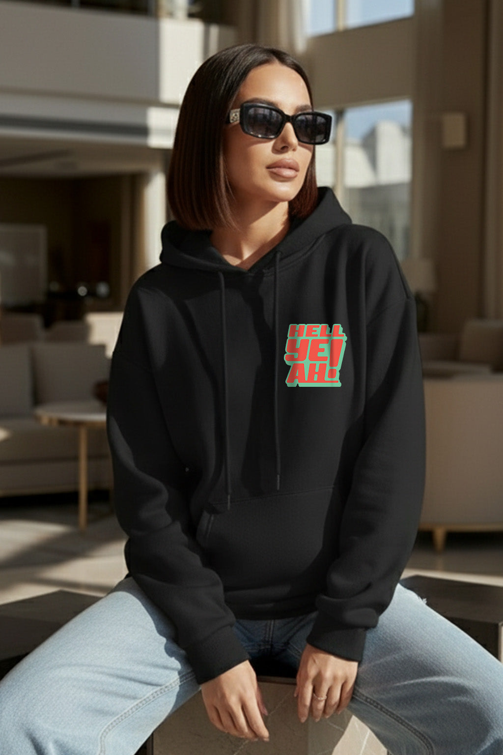 Hell Yeah Printed Black Oversized Hoodie