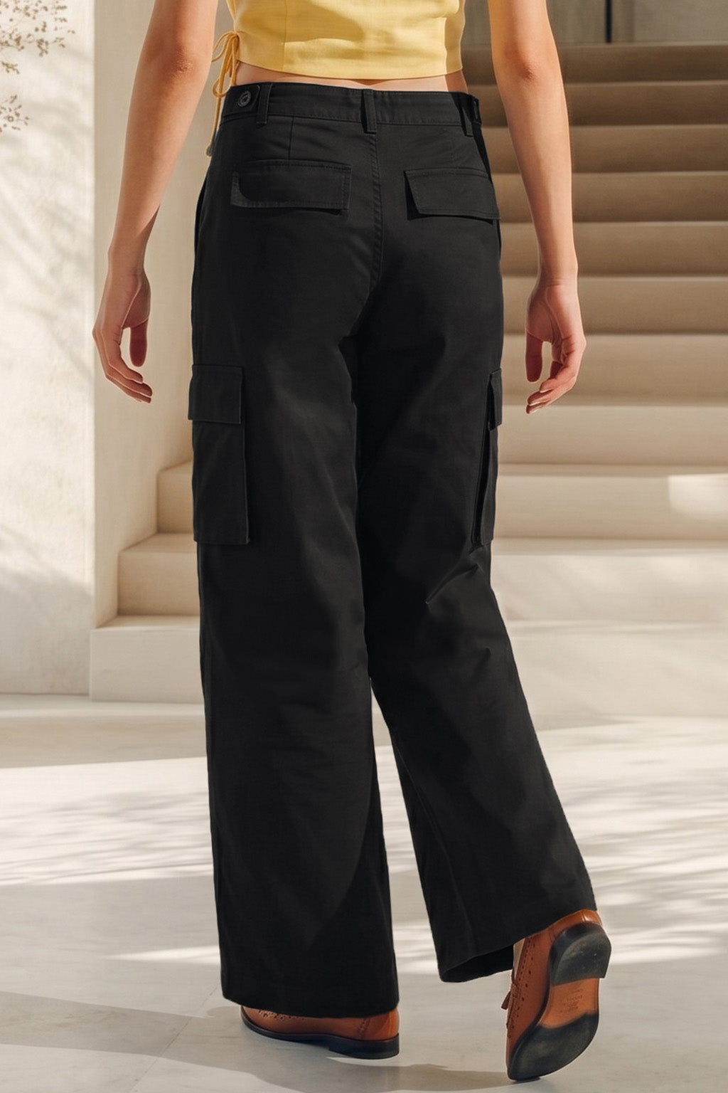 Black Plain 5 Pocket Straight Fit Woven Cargo