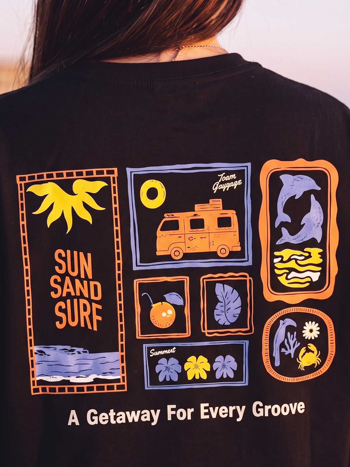 Sun Sand Surf Black Oversized Fit Graphic T-Shirt