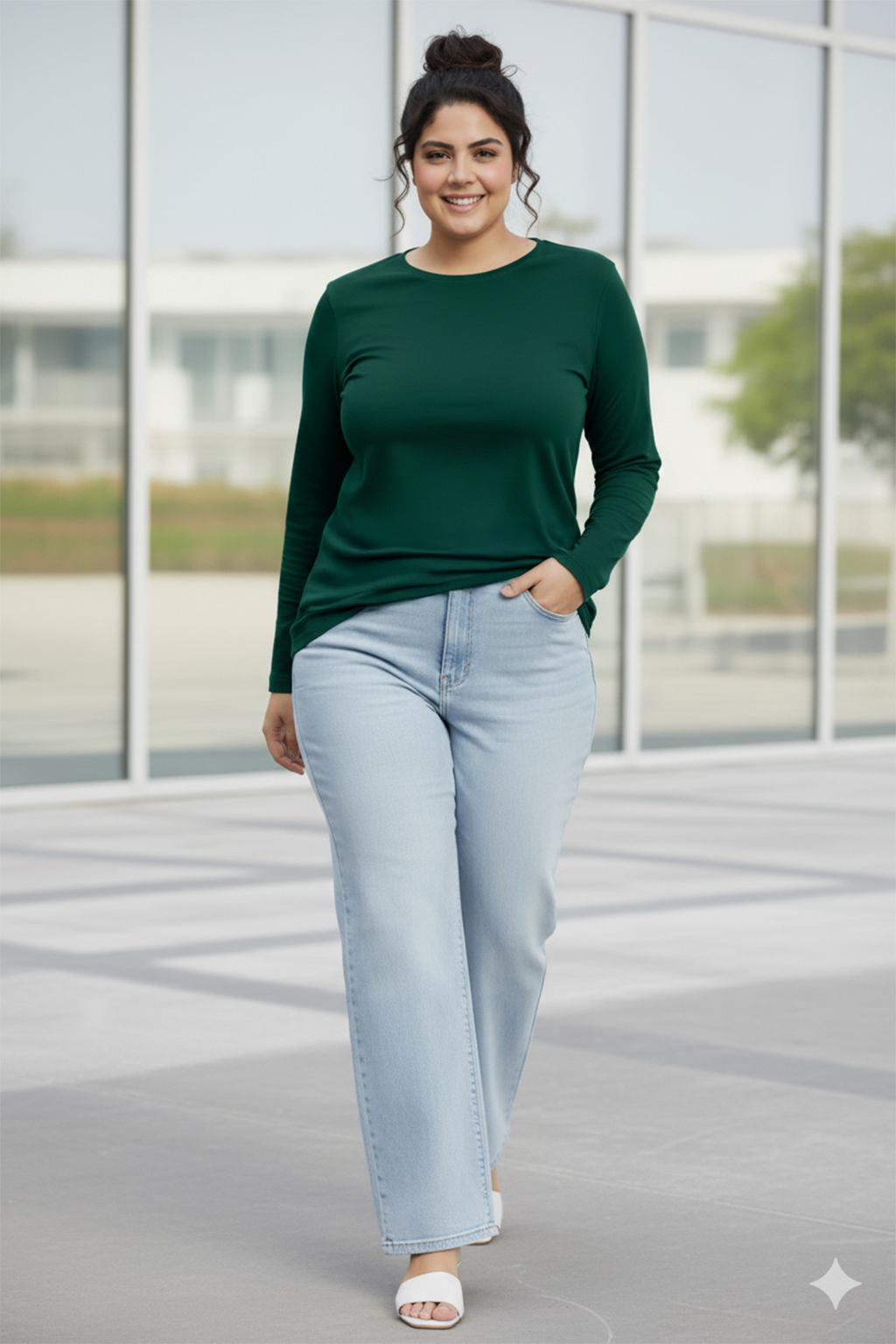 Green Plain Full Sleeve Plus Size T-shirt