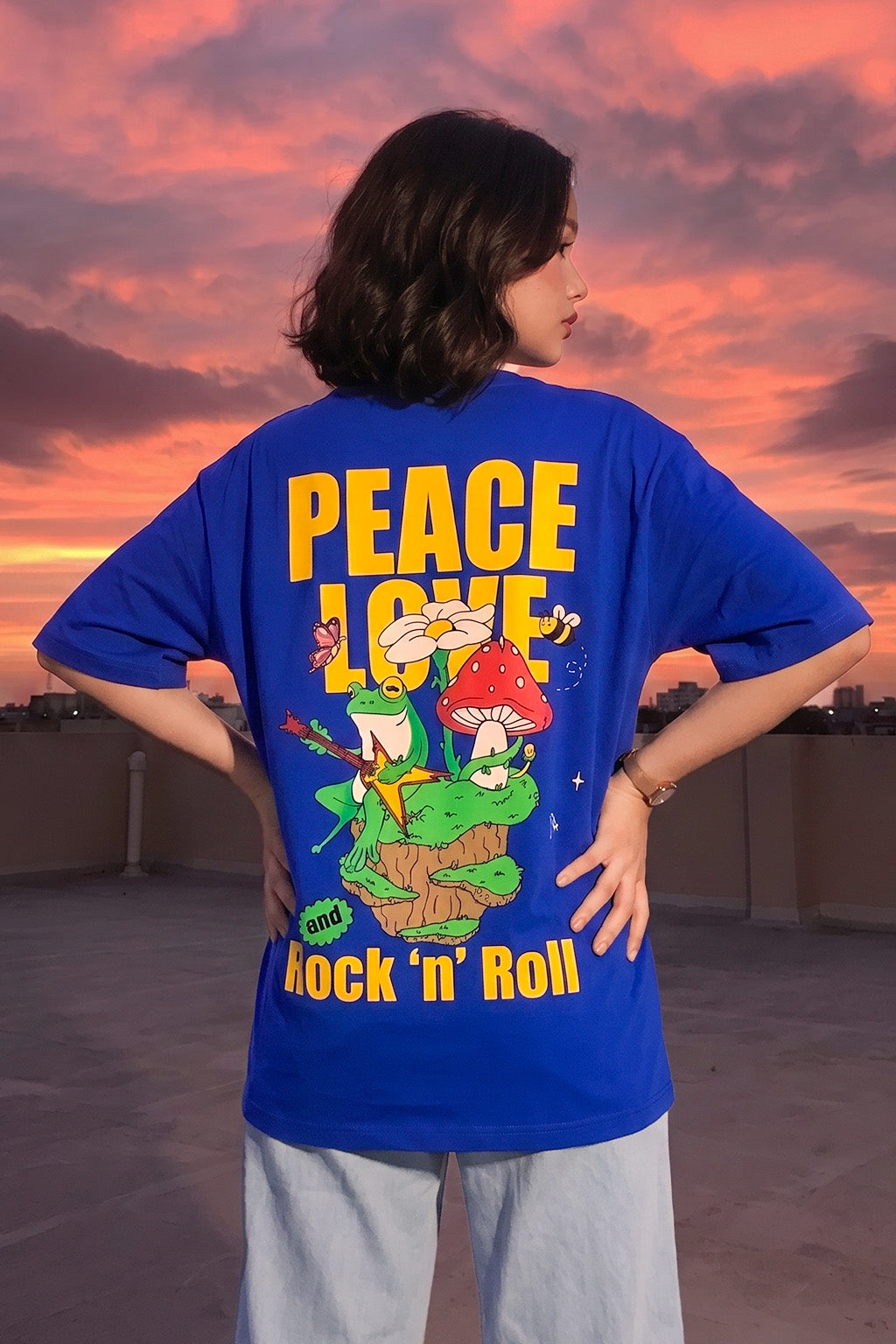 Rock And Roll Royal Blue Oversized Fit Graphic T-Shirt