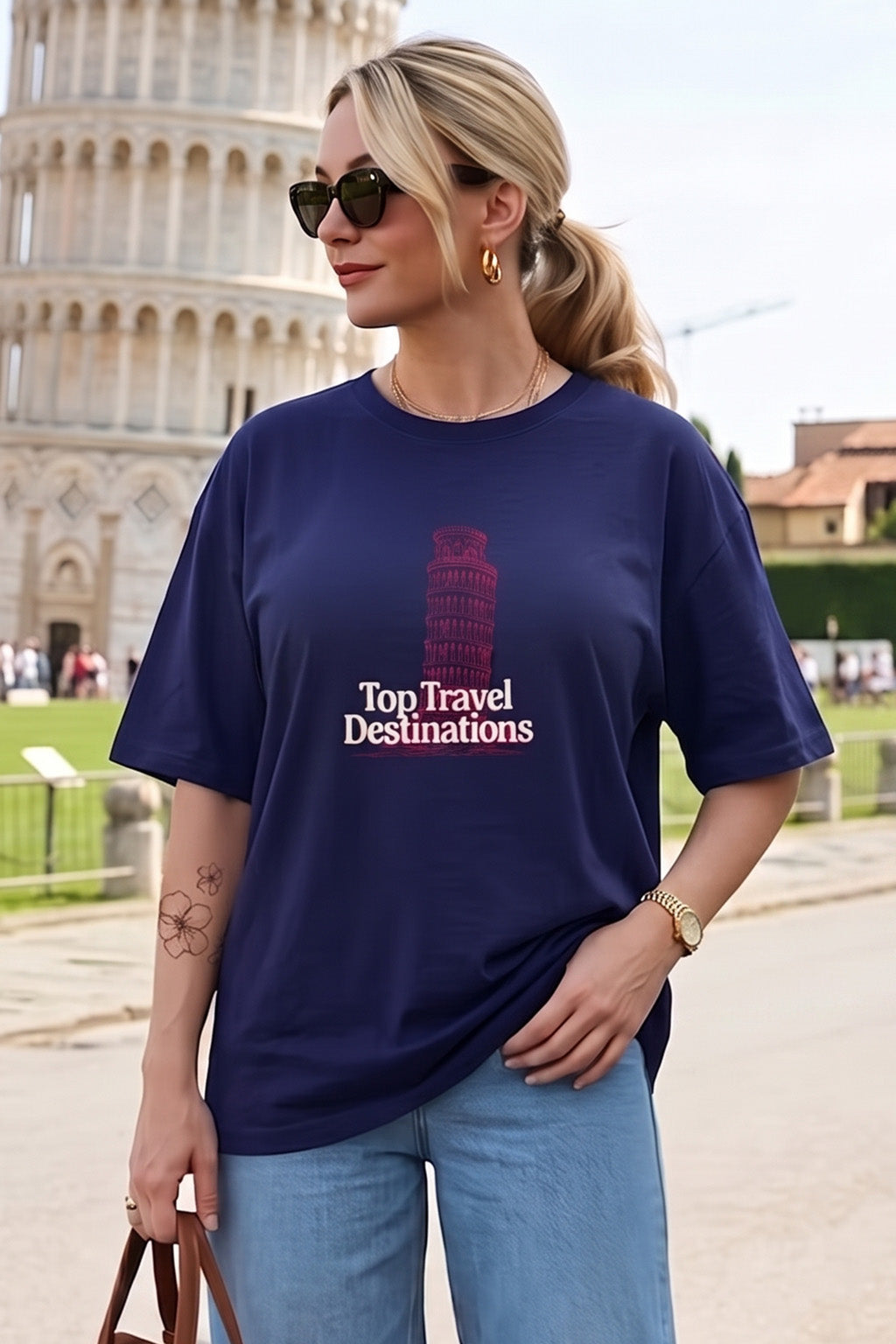 Travel Destinations Royal Blue Oversized Fit Printed T-Shirt