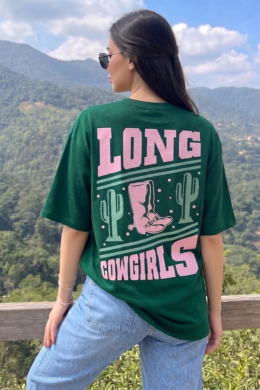 Cow Girl Green Oversized Graphic T-Shirt