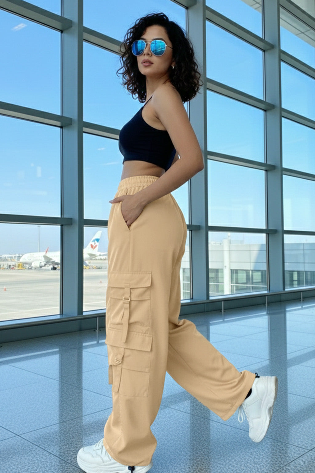 Beige 6-Pocket Drawcord Straight Fit Parachute Pant