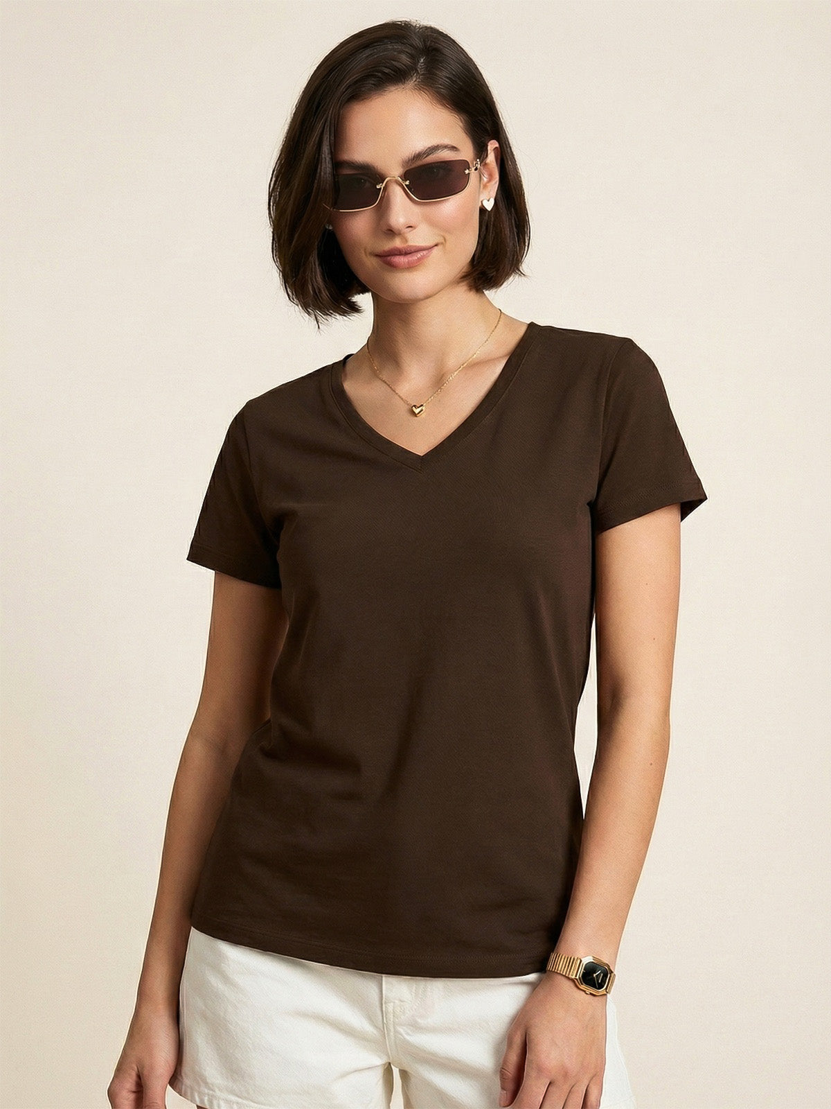 Brown Plain V-Neck Regular Fit T-Shirt