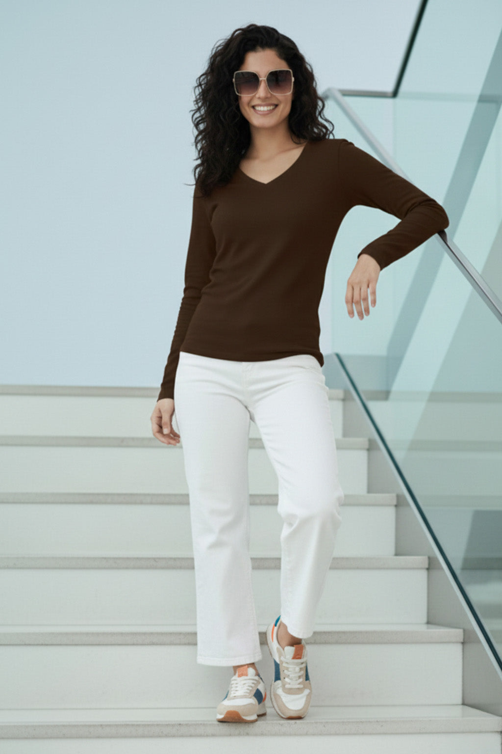 Brown V-Neck Plain Full Sleeve Regular Fit T-Shirt