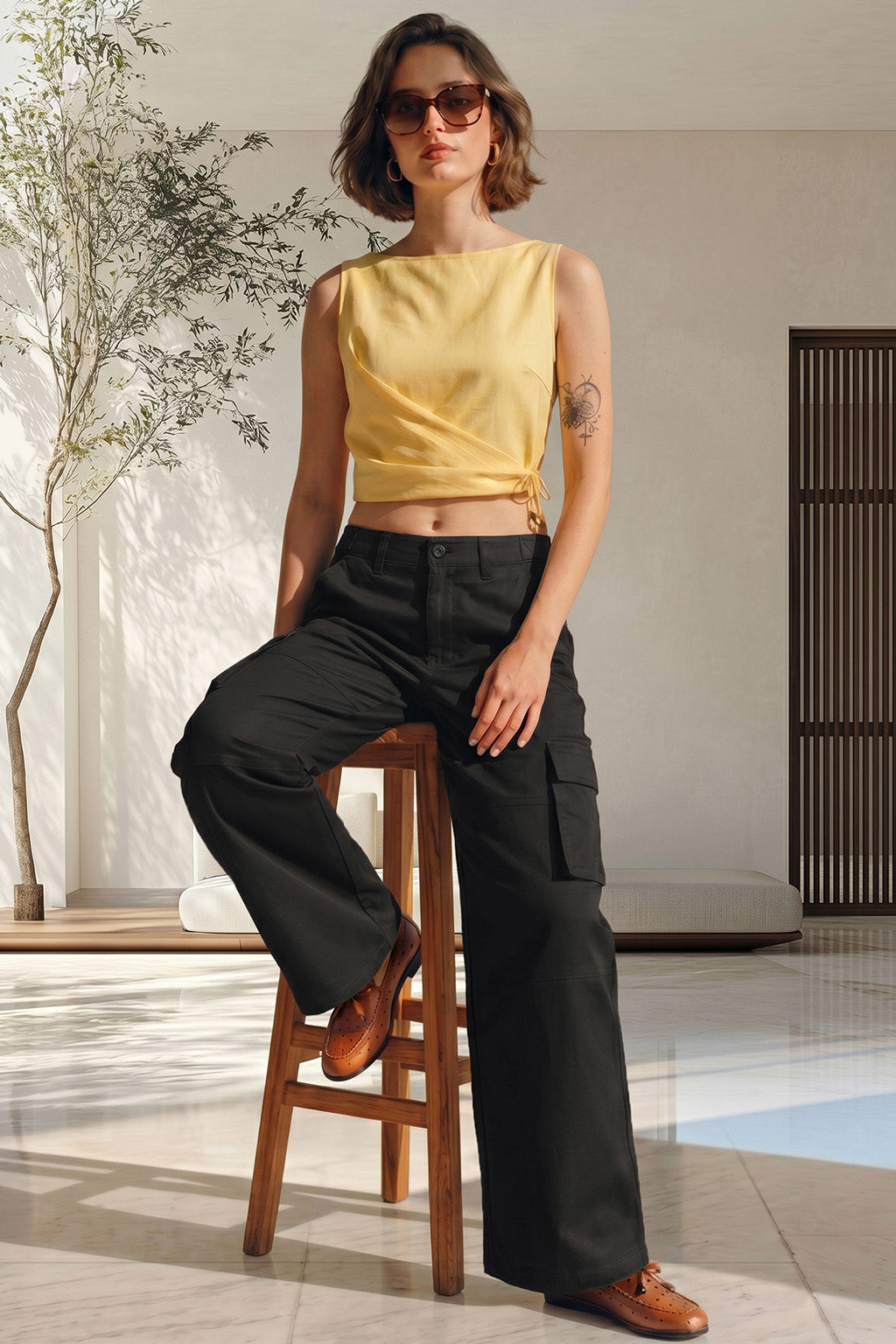Black Plain 5 Pocket Straight Fit Woven Cargo