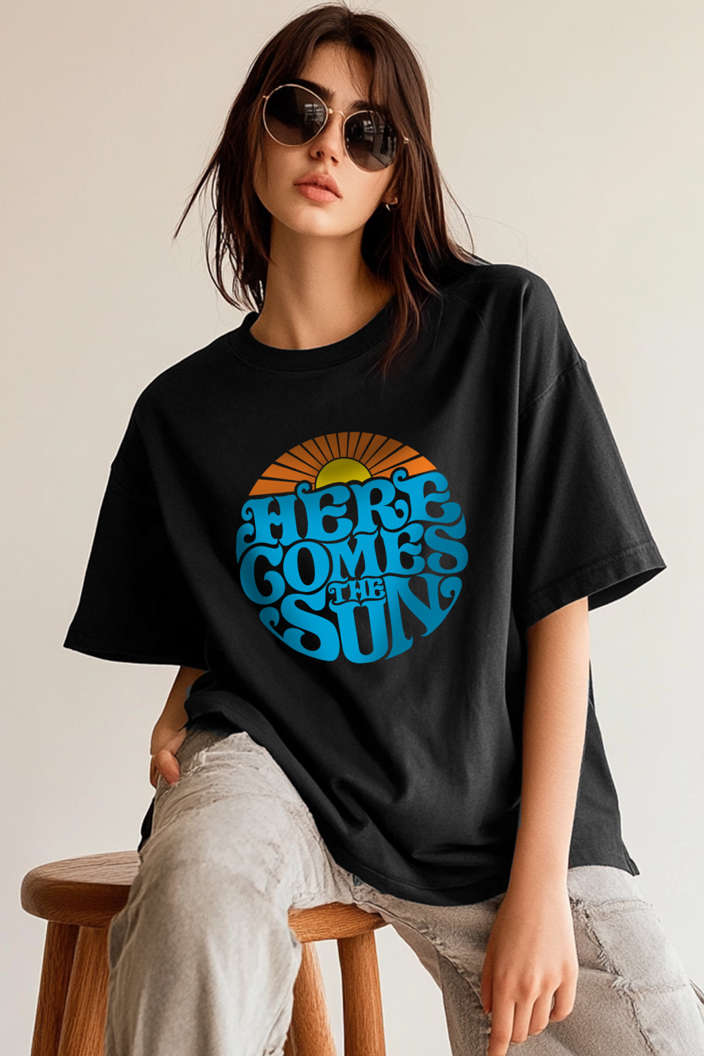 Here Comes The Sun Typographic Printed Oversized Fit Black T-Shirt